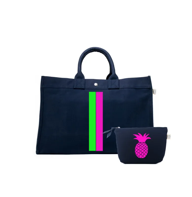 Navy East West Bag with Neon Pink & Neon Green Stripes (+ FREE Navy Makeup with Neon Pink Pineapple) sold by Quilted Koala