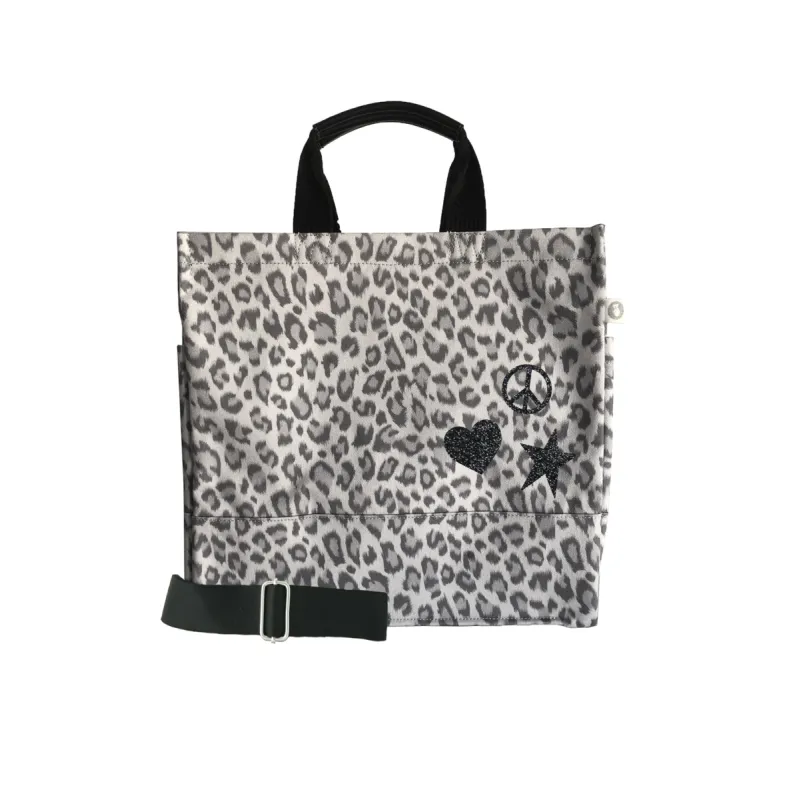 Luxe North South Bag: Grey Leopard with Black Glitter Scattered Peace/Star/Heart sold by Quilted Koala