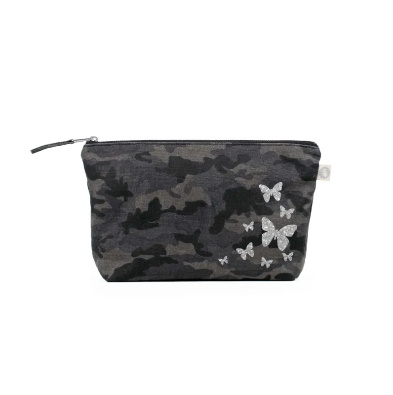 Clutch Bag Black Camo with Silver Glitter Scatter Butterflies sold by Quilted Koala