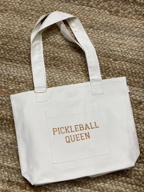 Midi Everything Bag - Natural with Gold Glitter Pickleball Queen sold by Quilted Koala