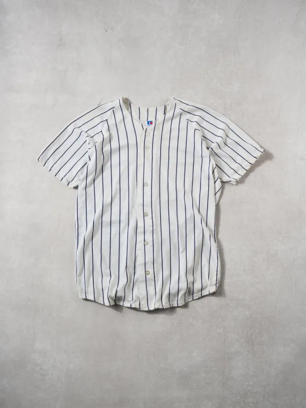 Vintage 90s White Russell Athletics Pine Striped Baseball Jersey (M) sold by Rebalance Vintage