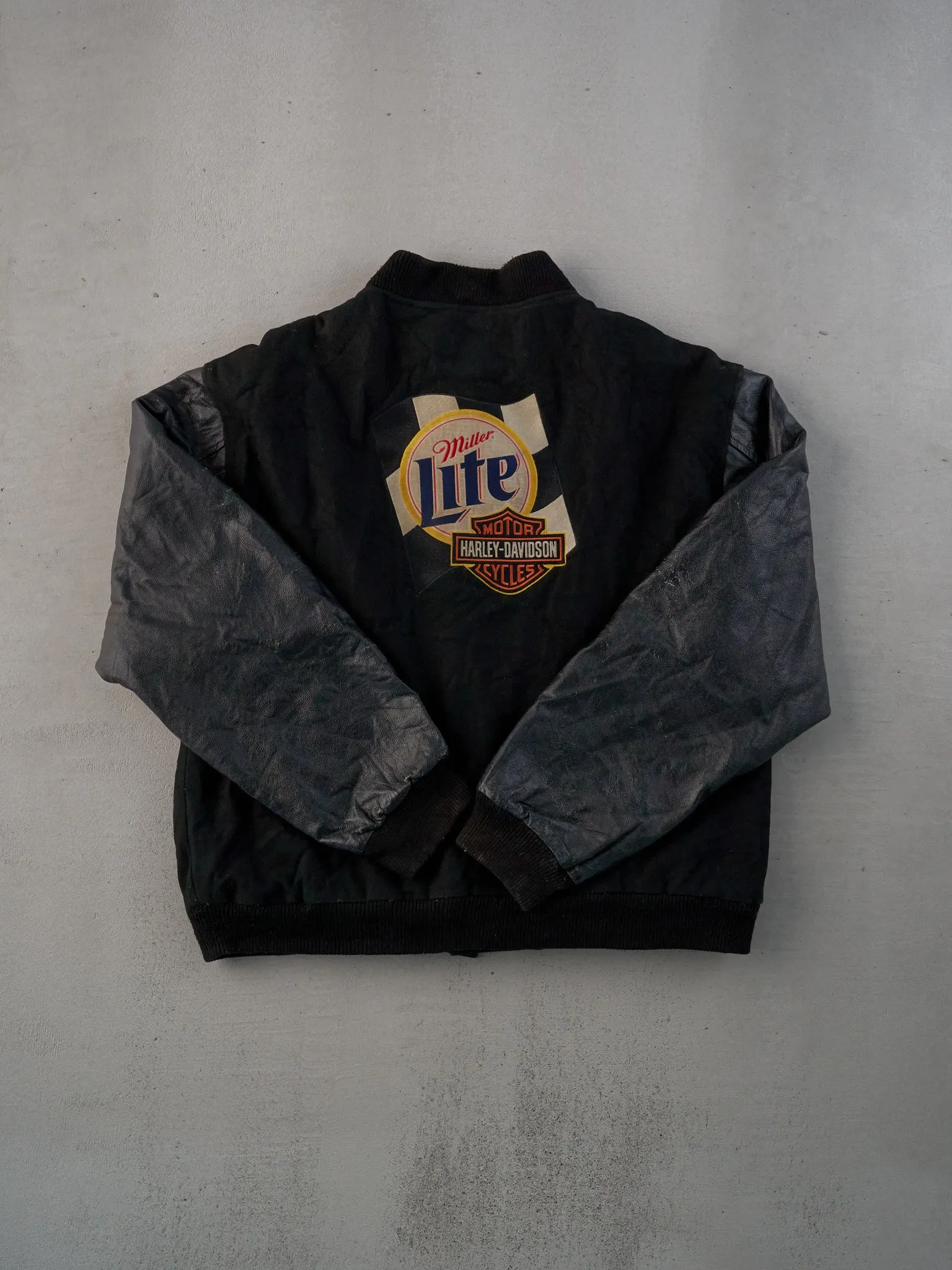 Vintage 90s Black Harley Davidson X Miller Lite Varsity Leather Jacket (L) sold by Rebalance Vintage