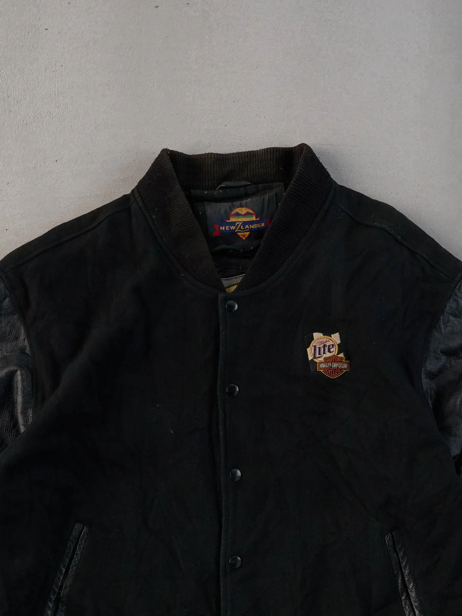 Vintage 90s Black Harley Davidson X Miller Lite Varsity Leather Jacket (L) sold by Rebalance Vintage product image thumbnail 3