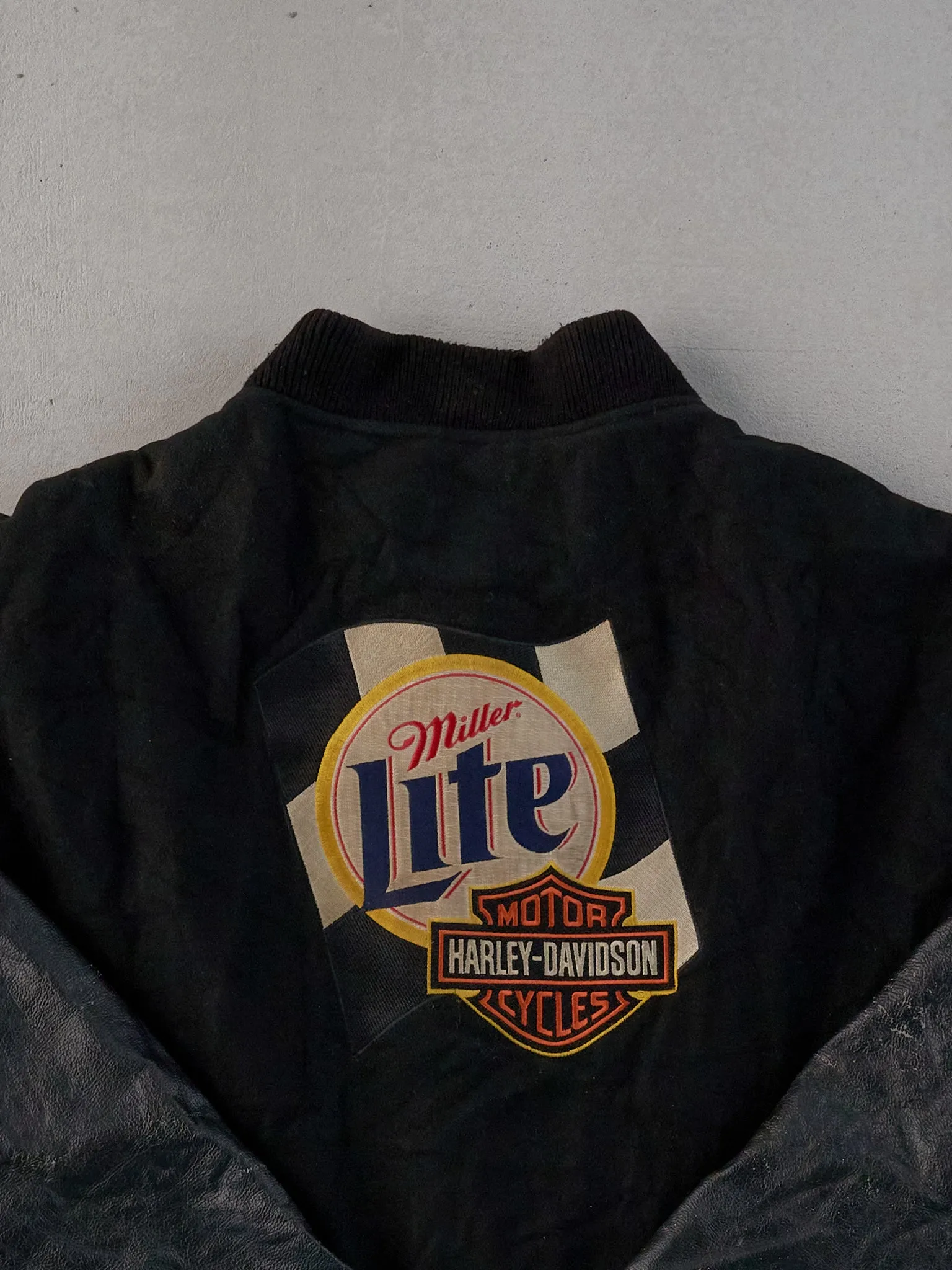 Vintage 90s Black Harley Davidson X Miller Lite Varsity Leather Jacket (L) sold by Rebalance Vintage product image thumbnail 4
