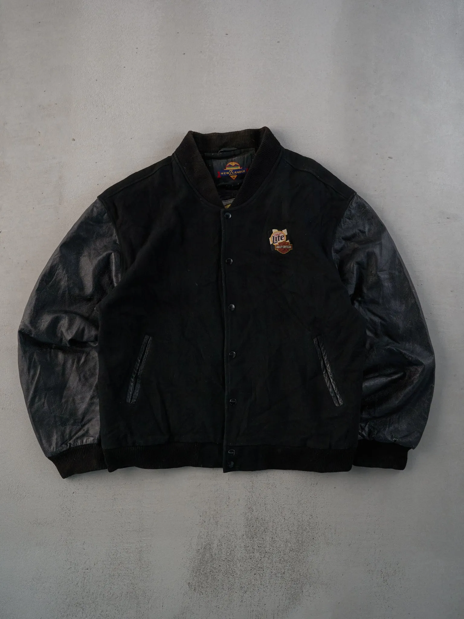 Vintage 90s Black Harley Davidson X Miller Lite Varsity Leather Jacket (L) sold by Rebalance Vintage product image thumbnail 2