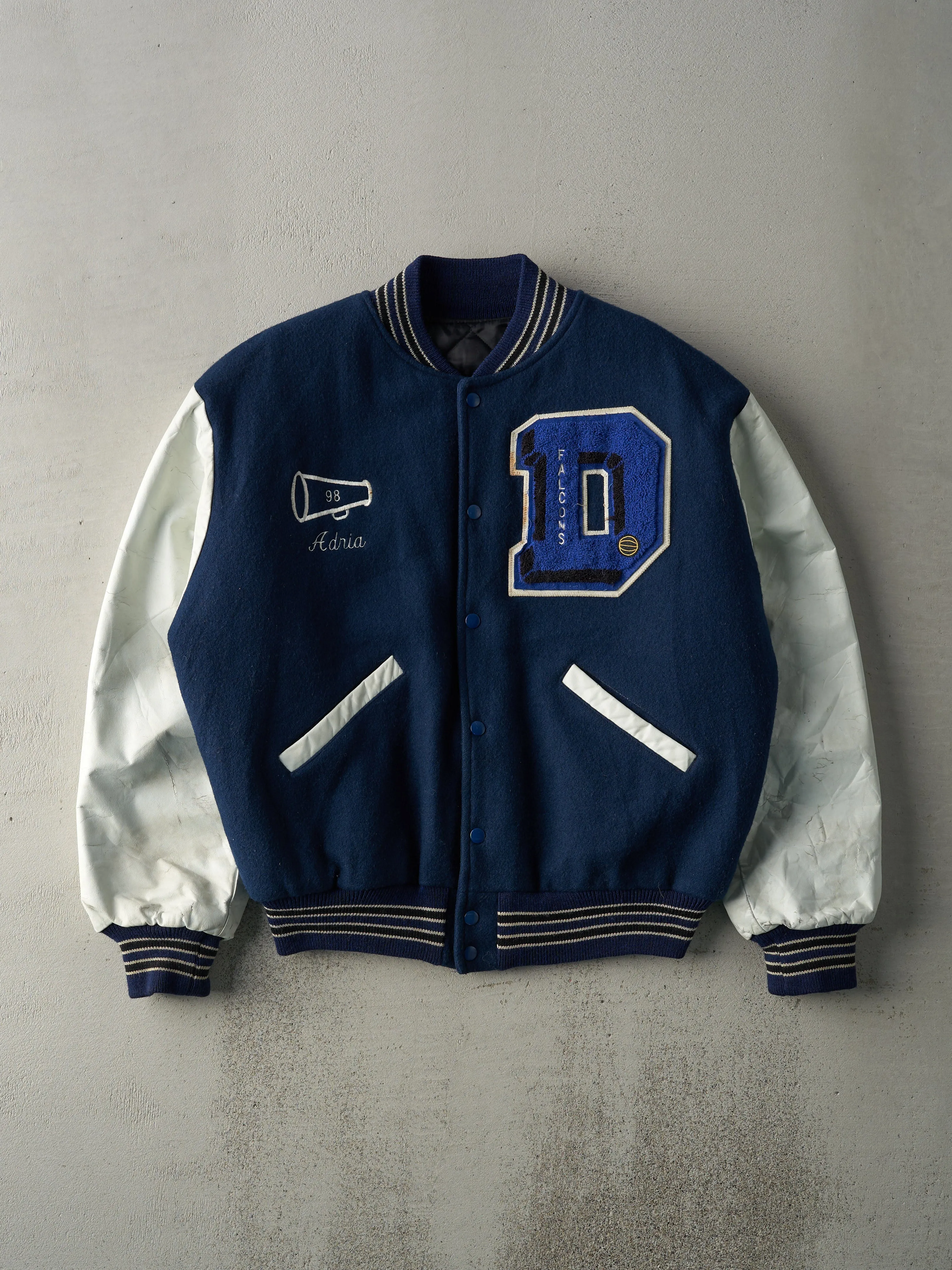 Vintage 98' Navy and White Falcons Boxy Letterman Jacket (L) sold by Rebalance Vintage