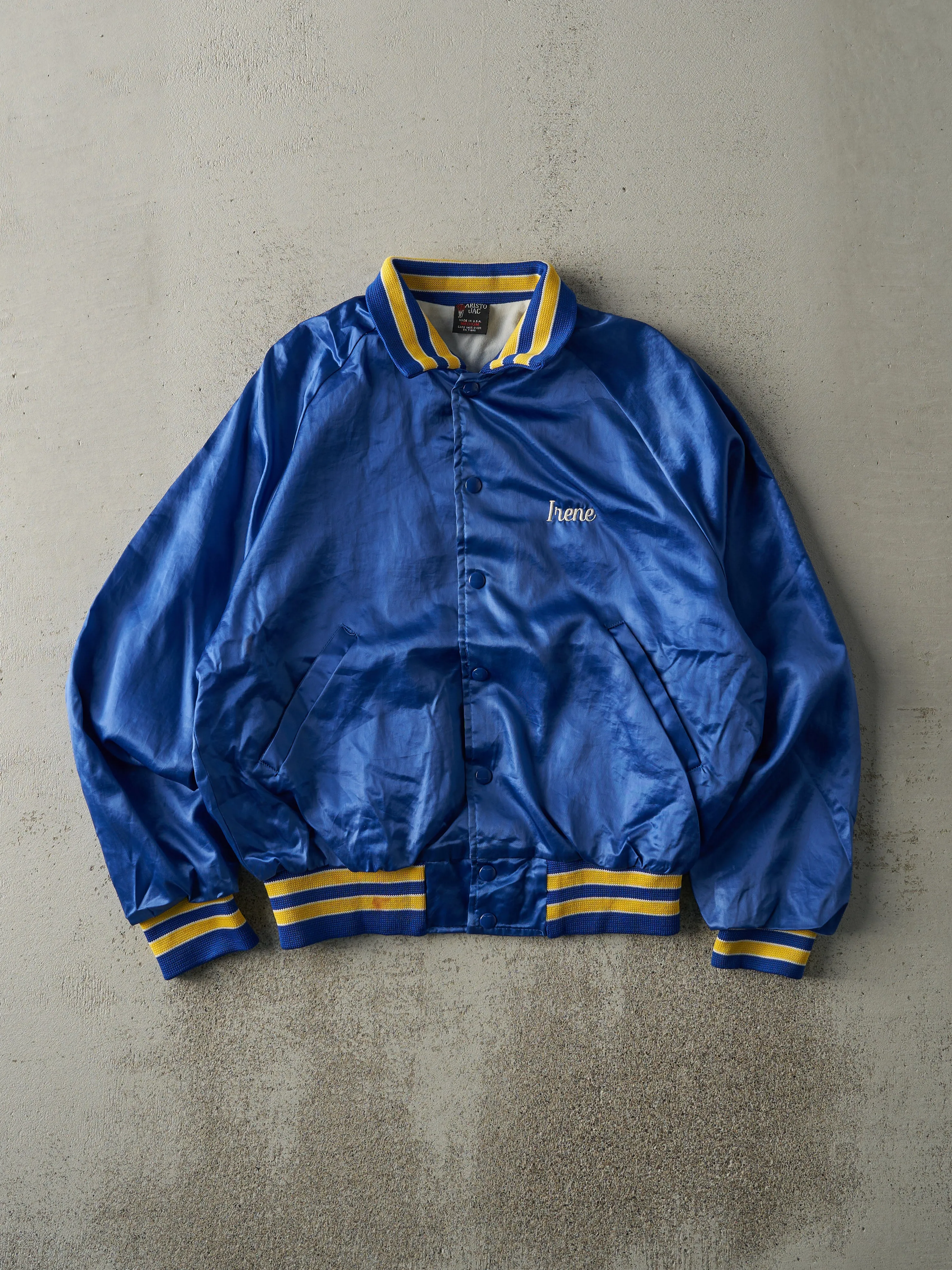 Vintage 80s Blue Environmental Monitoring Contractors Satin Bomber Jacket (M) sold by Rebalance Vintage
