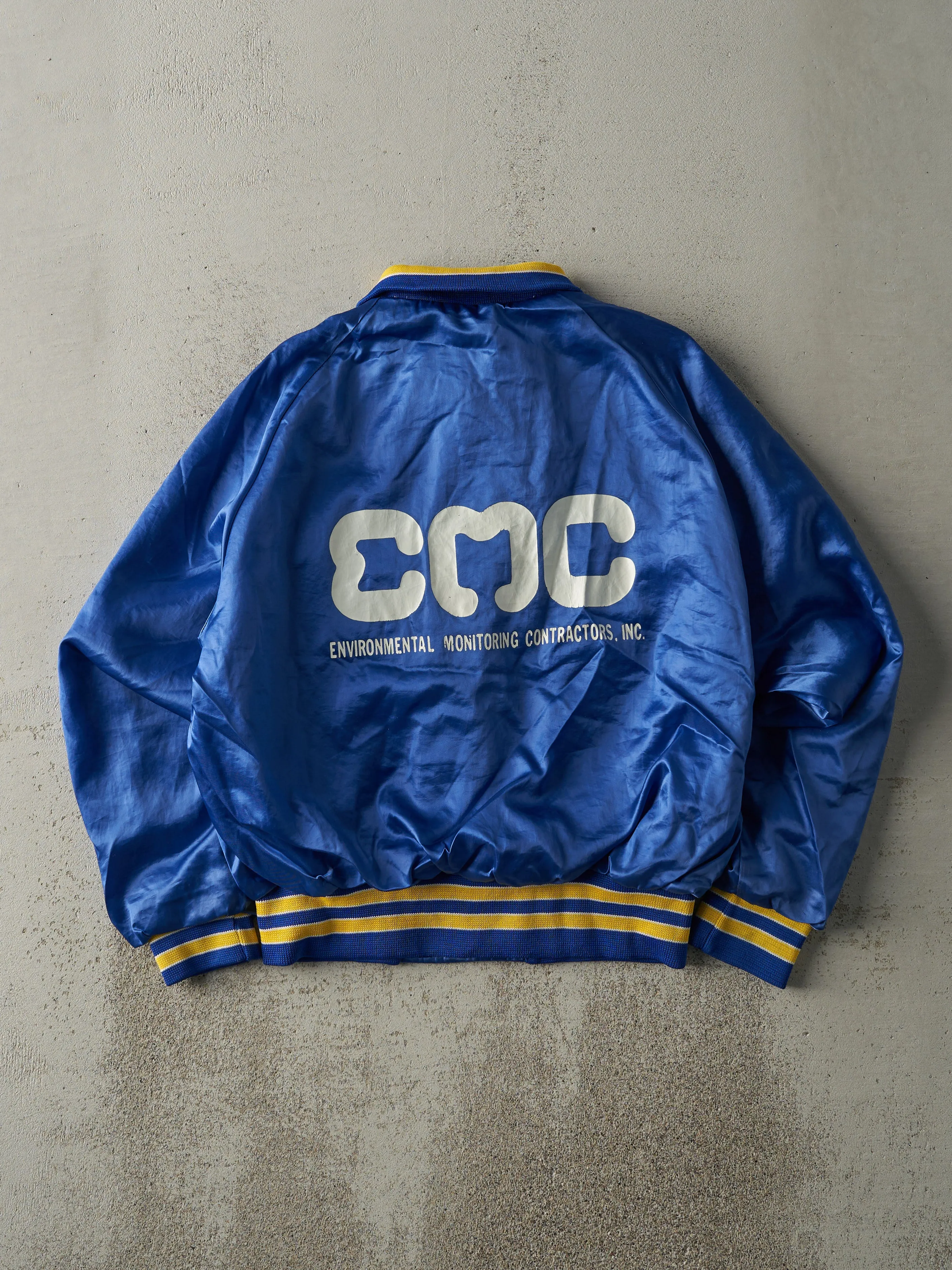Vintage 80s Blue Environmental Monitoring Contractors Satin Bomber Jacket (M) sold by Rebalance Vintage product image thumbnail 2