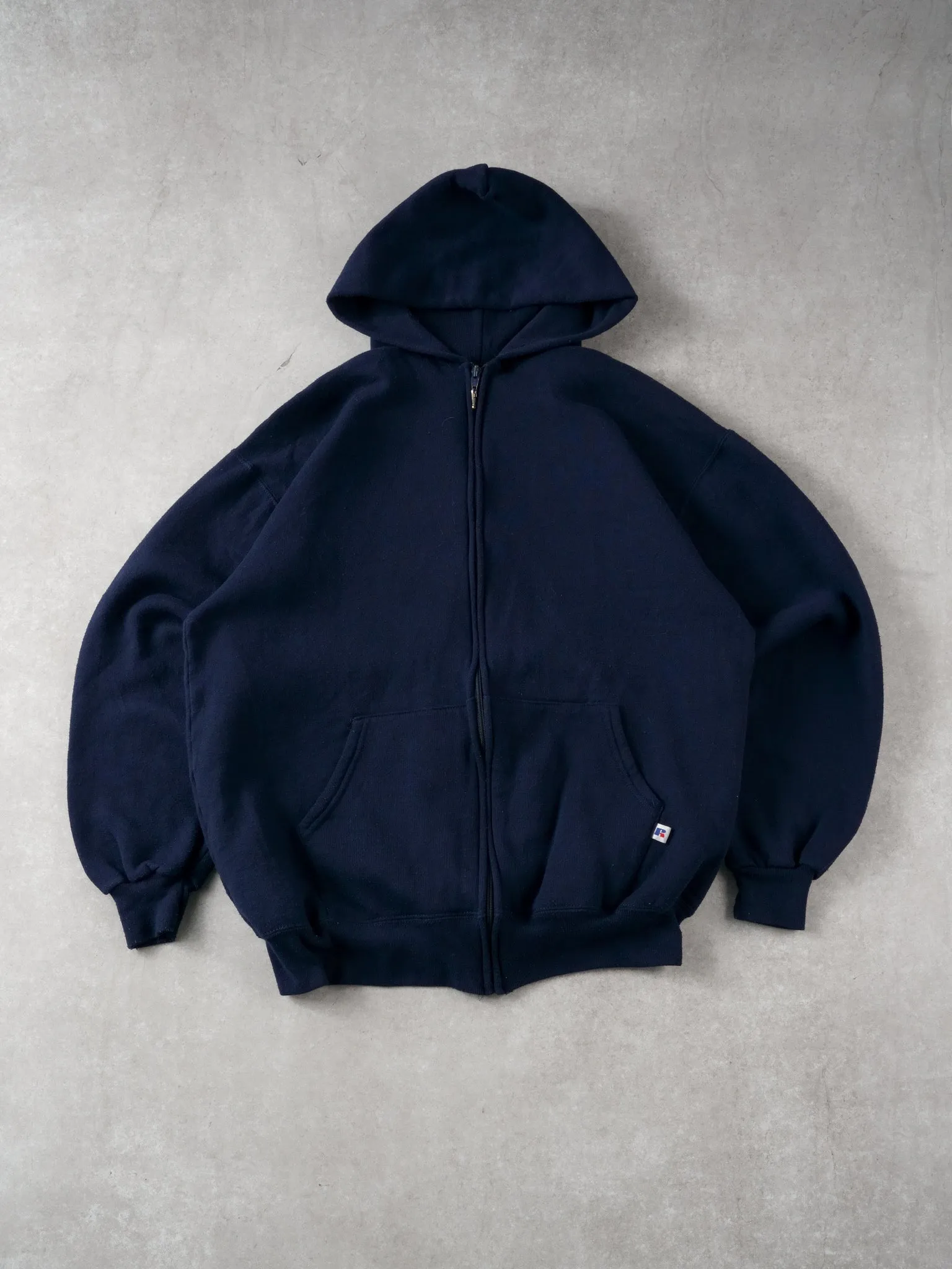 Vintage 90s Navy Blue Russell Athletics Blank Zipup (L) sold by Rebalance Vintage