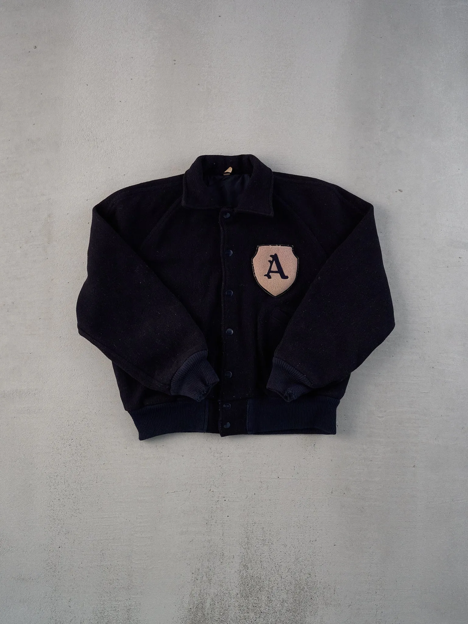 Vintage 70s Dark Blue Academy Emblem Collared Varsity Jacket (M) sold by Rebalance Vintage