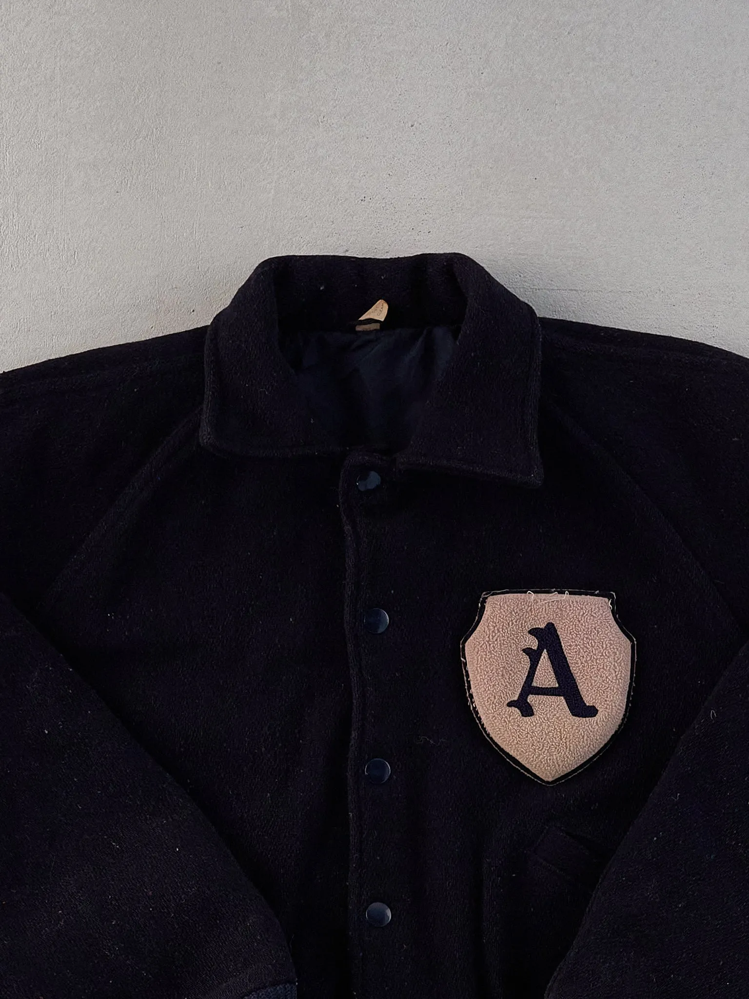 Vintage 70s Dark Blue Academy Emblem Collared Varsity Jacket (M) sold by Rebalance Vintage product image thumbnail 2