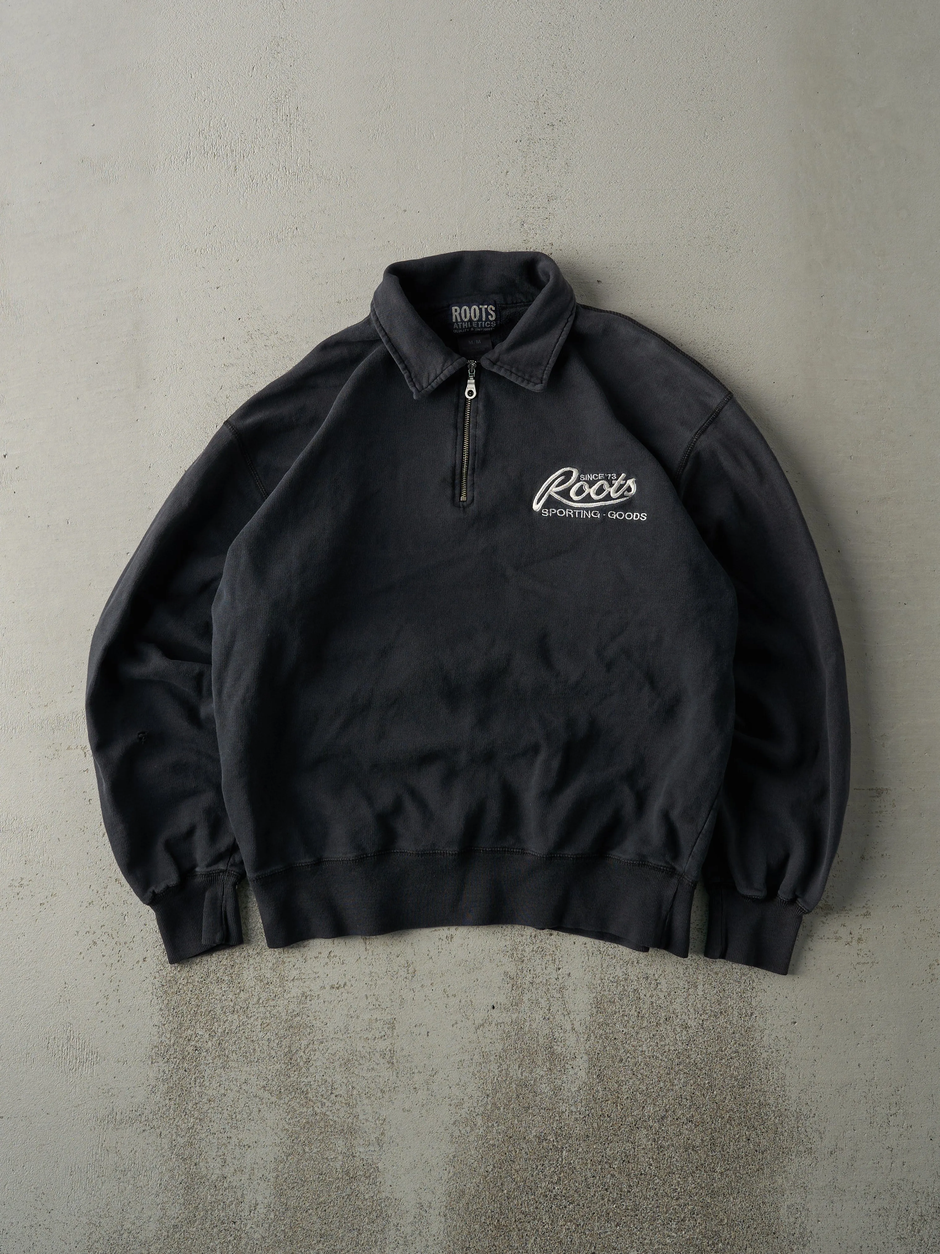 Vintage 90s Faded Black Roots Quarter Zip Boxy Sweater (L) sold by Rebalance Vintage