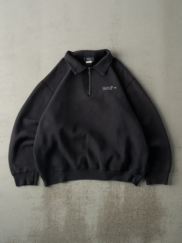 Vintage 90s Faded Black Embroidered Logo Quarter Zip Boxy Sweater (L) sold by Rebalance Vintage