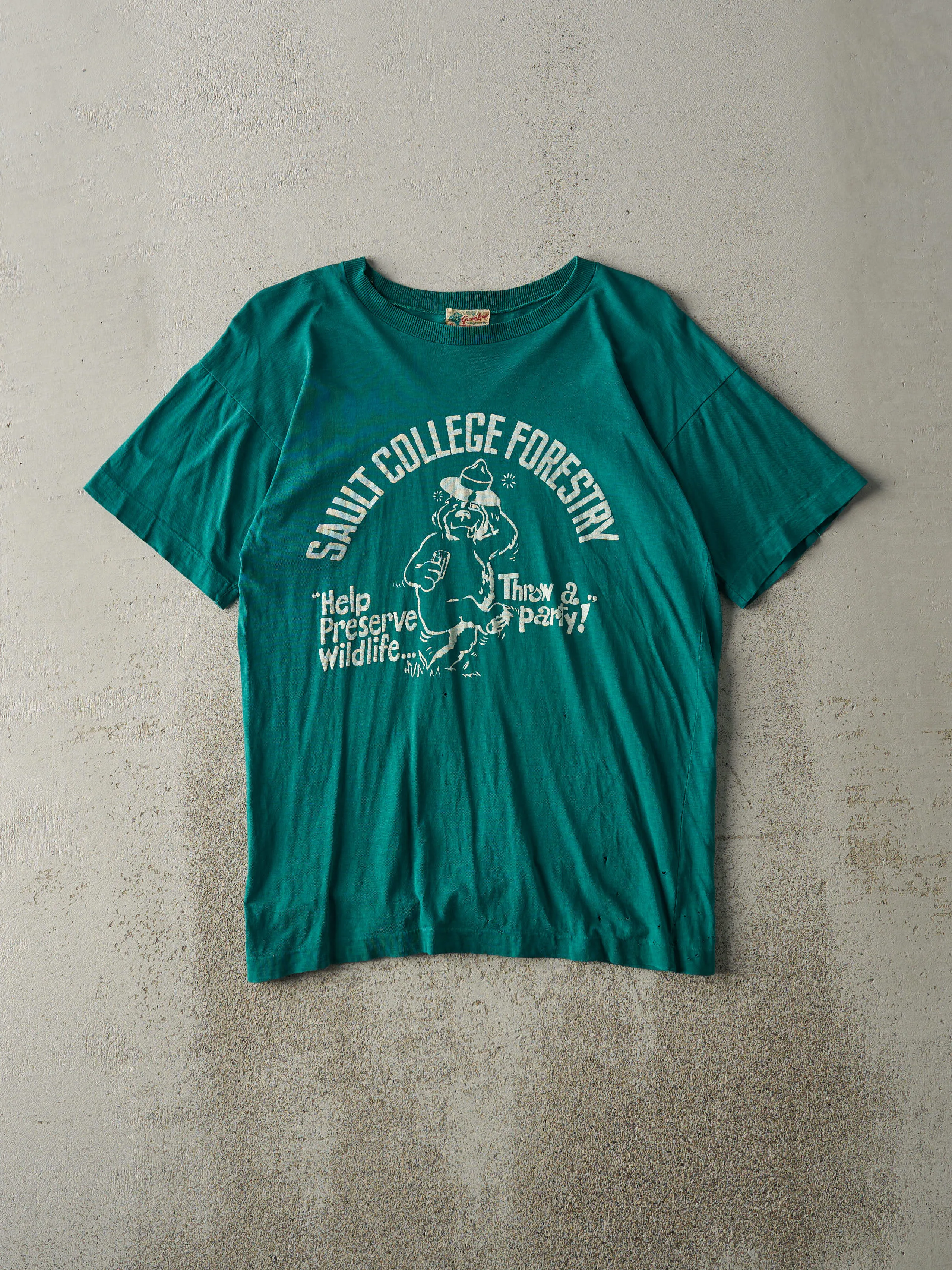Vintage 80s Green Sault College Forestry Slogan Single Stitch Tee (S/M) sold by Rebalance Vintage