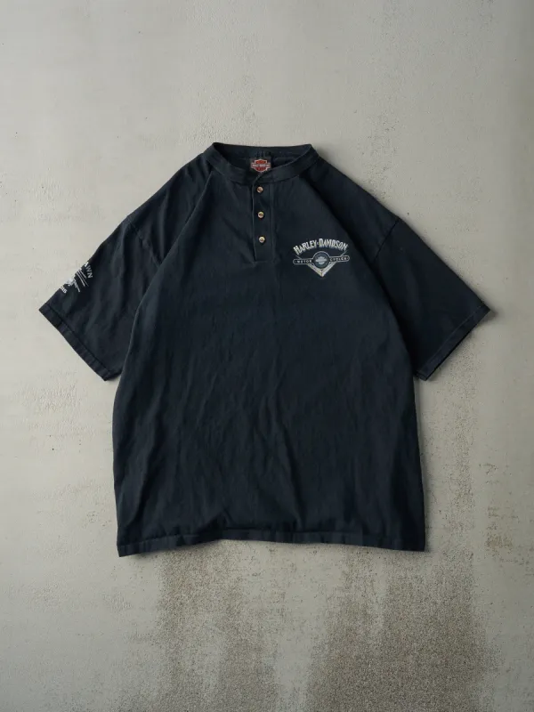 Vintage 98' Faded Black Oak Lawn Illinois Harley Davidson Quarter Button Tee (L) sold by Rebalance Vintage