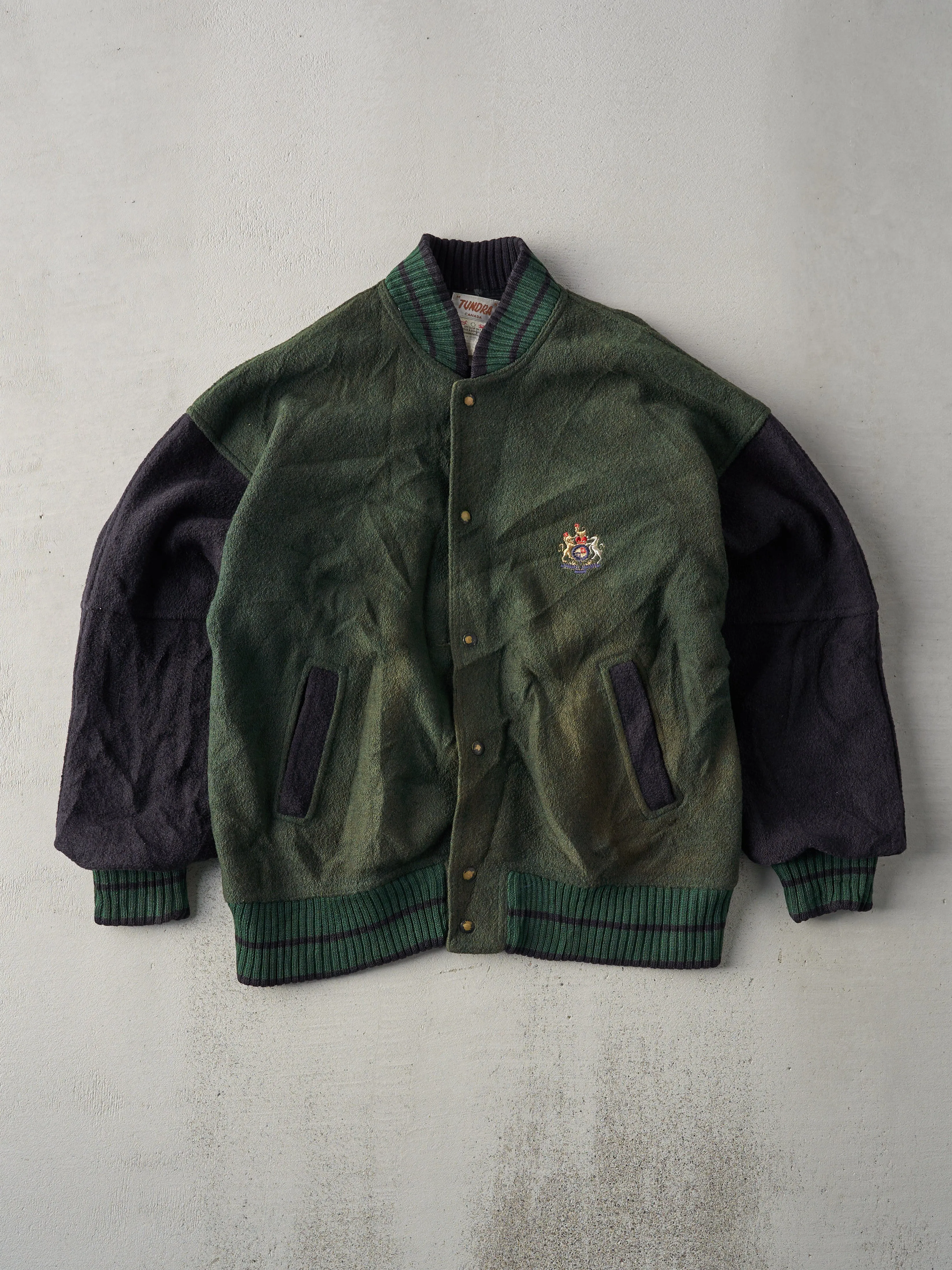 Vintage 90s Forest Green/Black Wool Varsity Jacket (L) sold by Rebalance Vintage