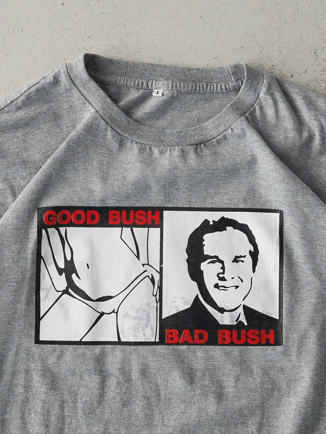 Vintage Y2K Grey "Good Bush, Bad Bush" Tee (M) sold by Rebalance Vintage product image thumbnail 2