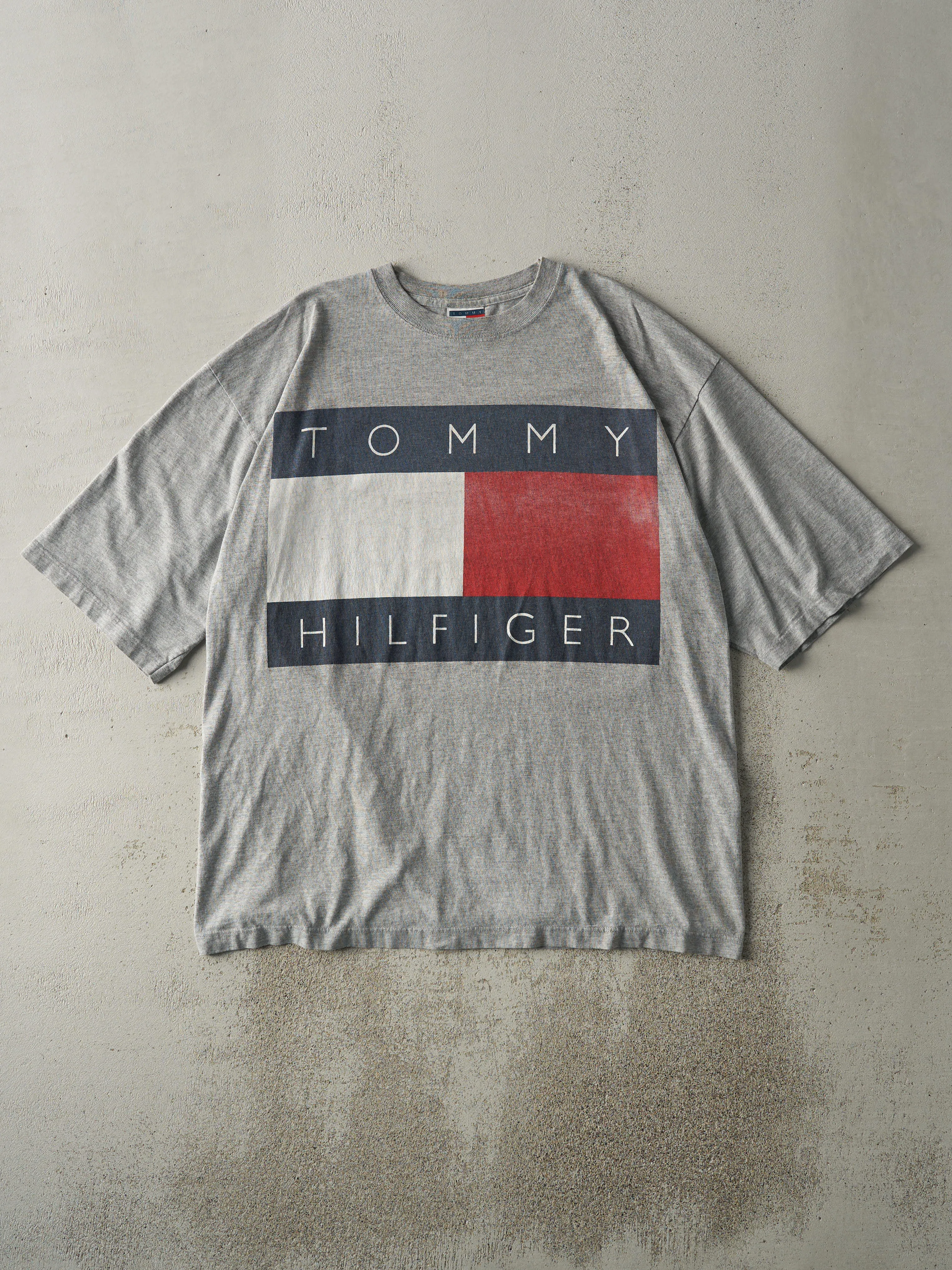 Vintage Y2K Grey Tommy Hilfiger Big Flag Tee (L/XL) sold by Rebalance Vintage