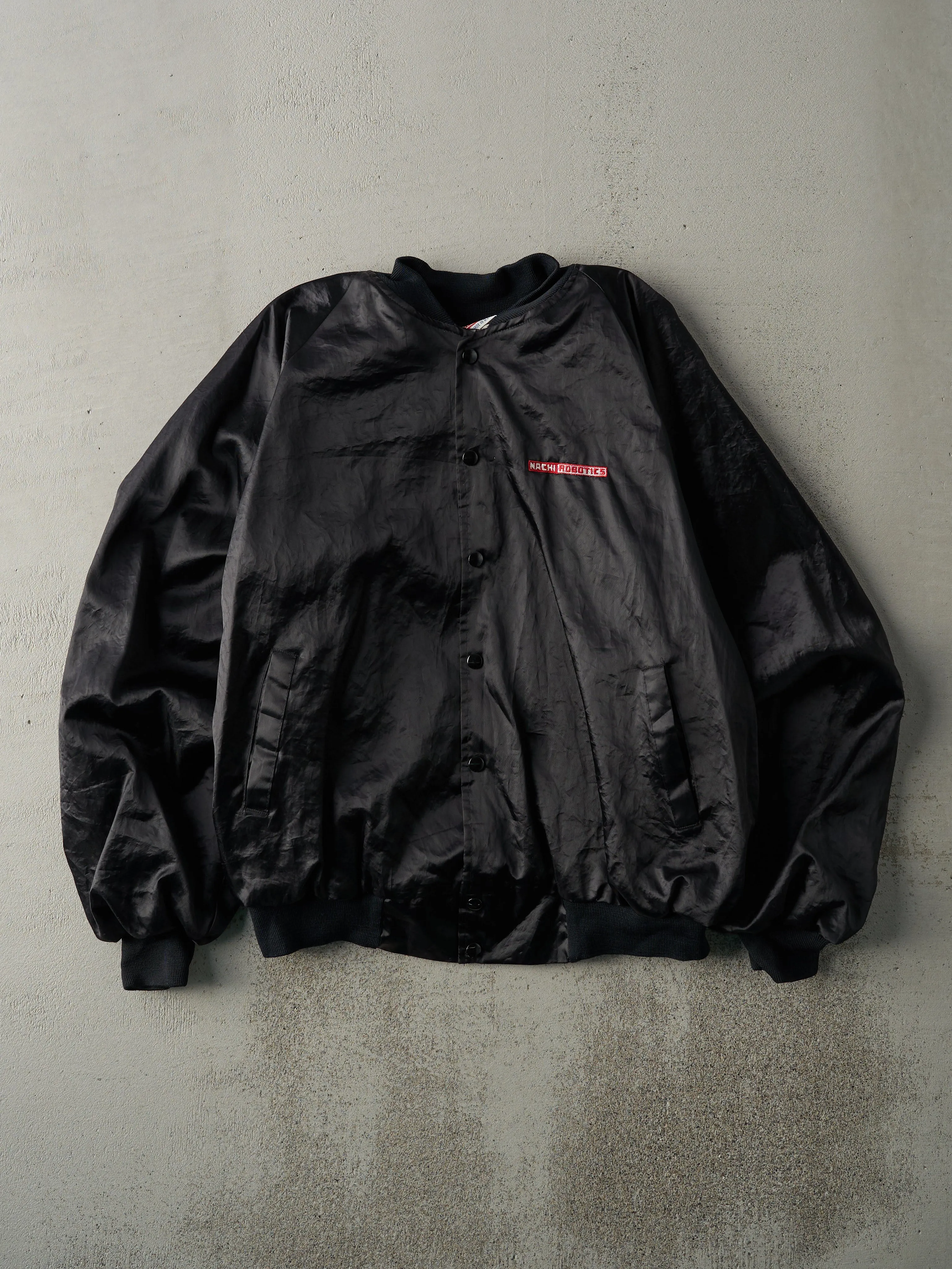 Vintage 90s Black Nachi Robotics Satin Bomber Jacket (L) sold by Rebalance Vintage