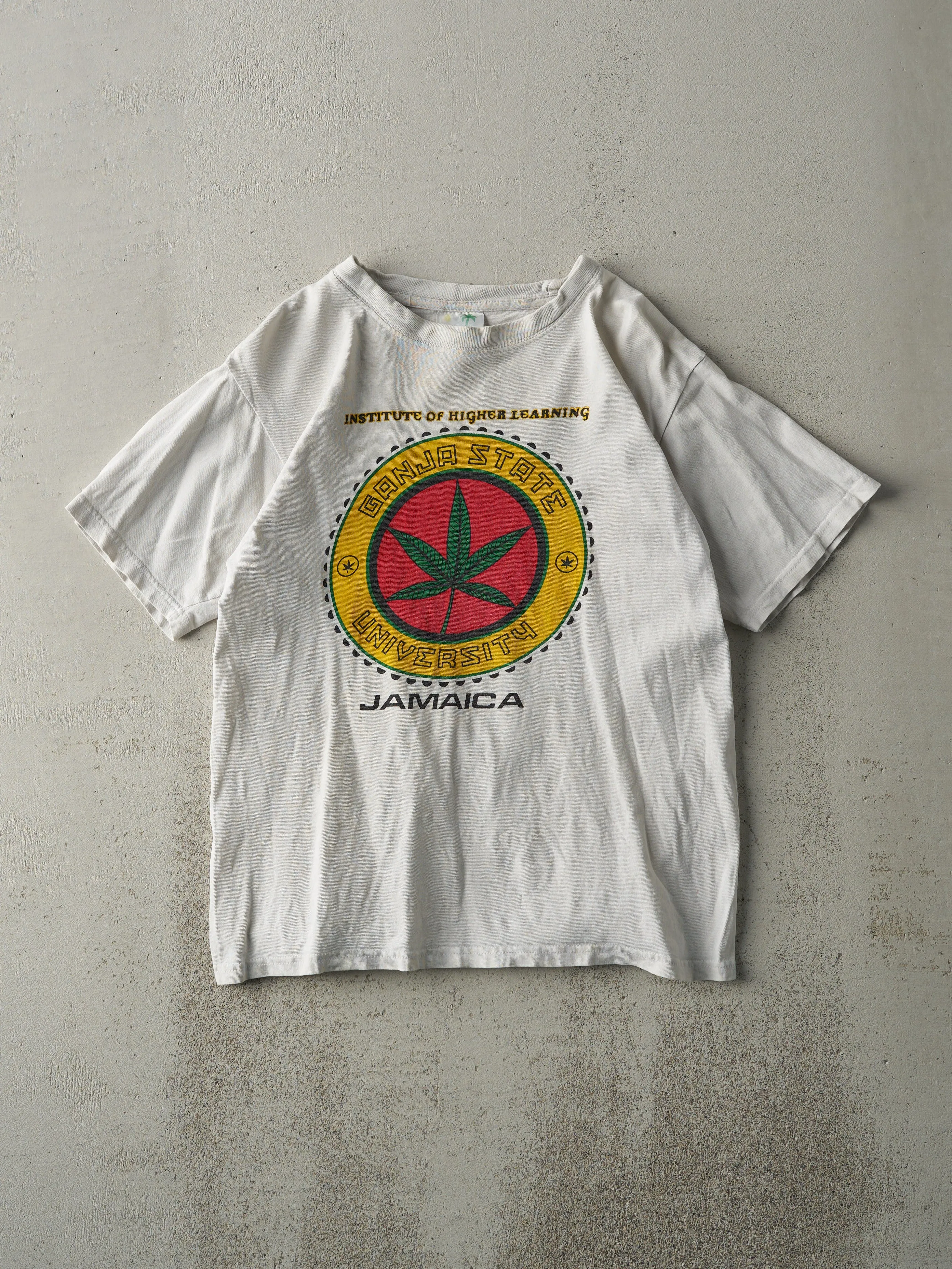 Vintage 90s White Ganja State University Jamaica Parody Tee (S) sold by Rebalance Vintage