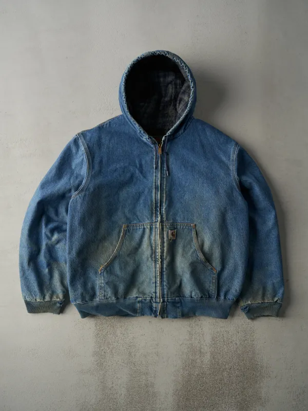 Vintage 90s Mid Wash Carhartt Hooded Blanket Lined Denim Workwear Jacket (L/XL) sold by Rebalance Vintage