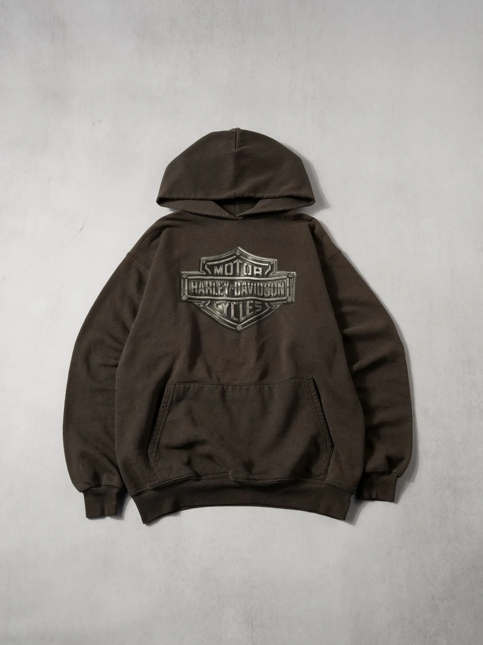 Vintage 90s Washed Brown Harley Davidson C & S MT. Pleasant MI Hoodie (M) sold by Rebalance Vintage