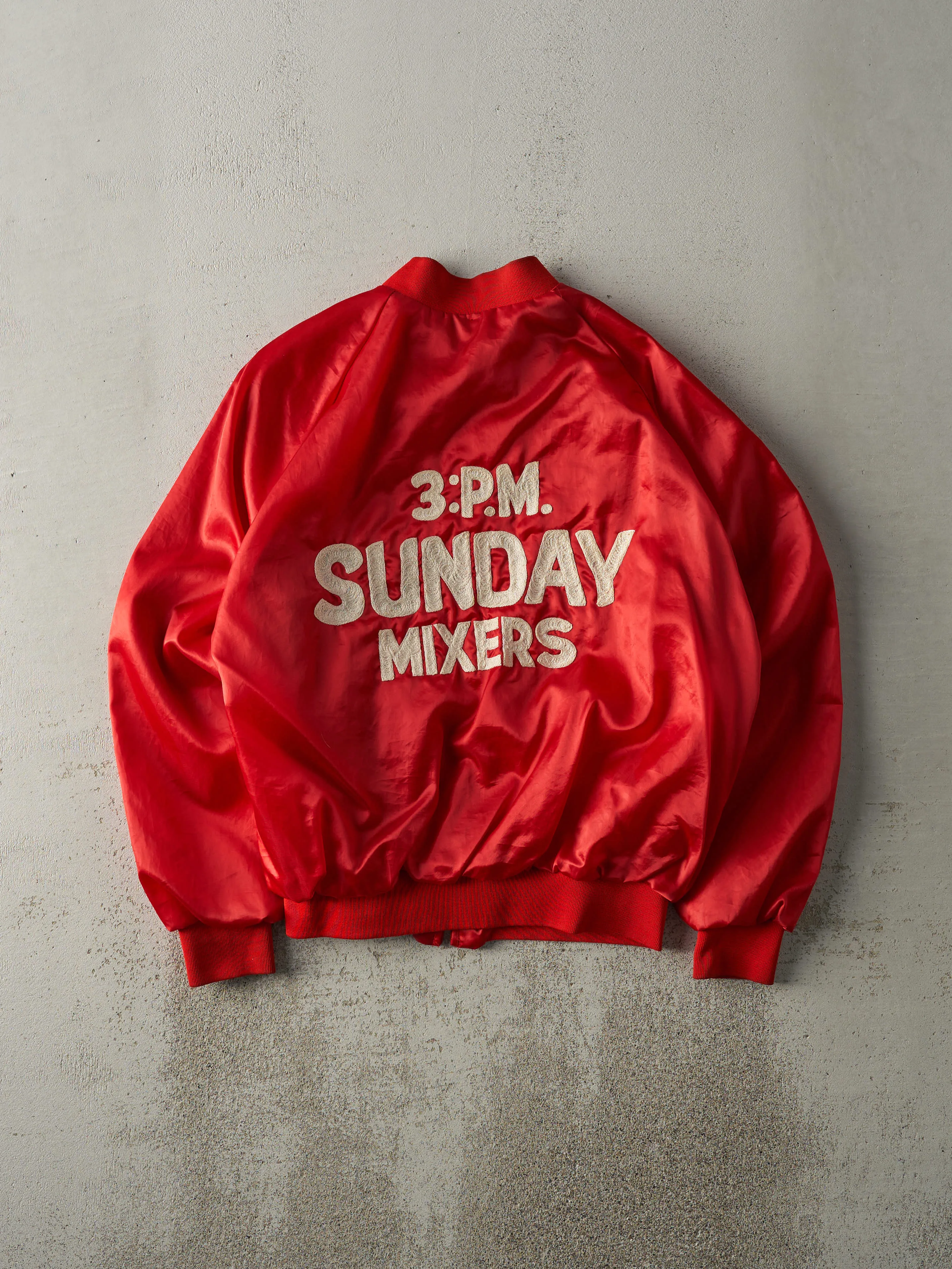 Vintage 70s Red Sunday Mixers Chain Stitched Nylon Bomber Jacket (M) sold by Rebalance Vintage
