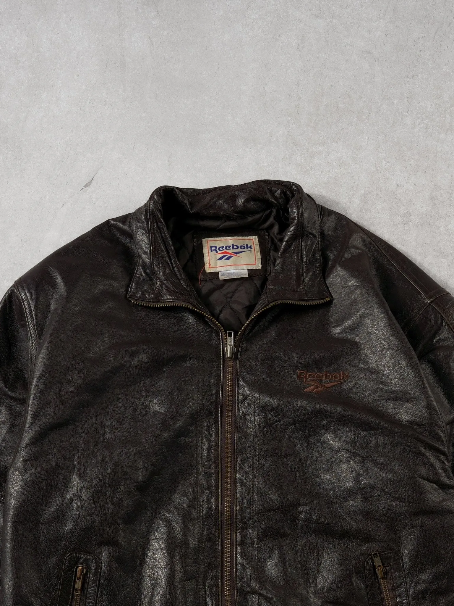 Vintage 90s Dark Brown Reebok Leather Jacket (L) sold by Rebalance Vintage product image thumbnail 2