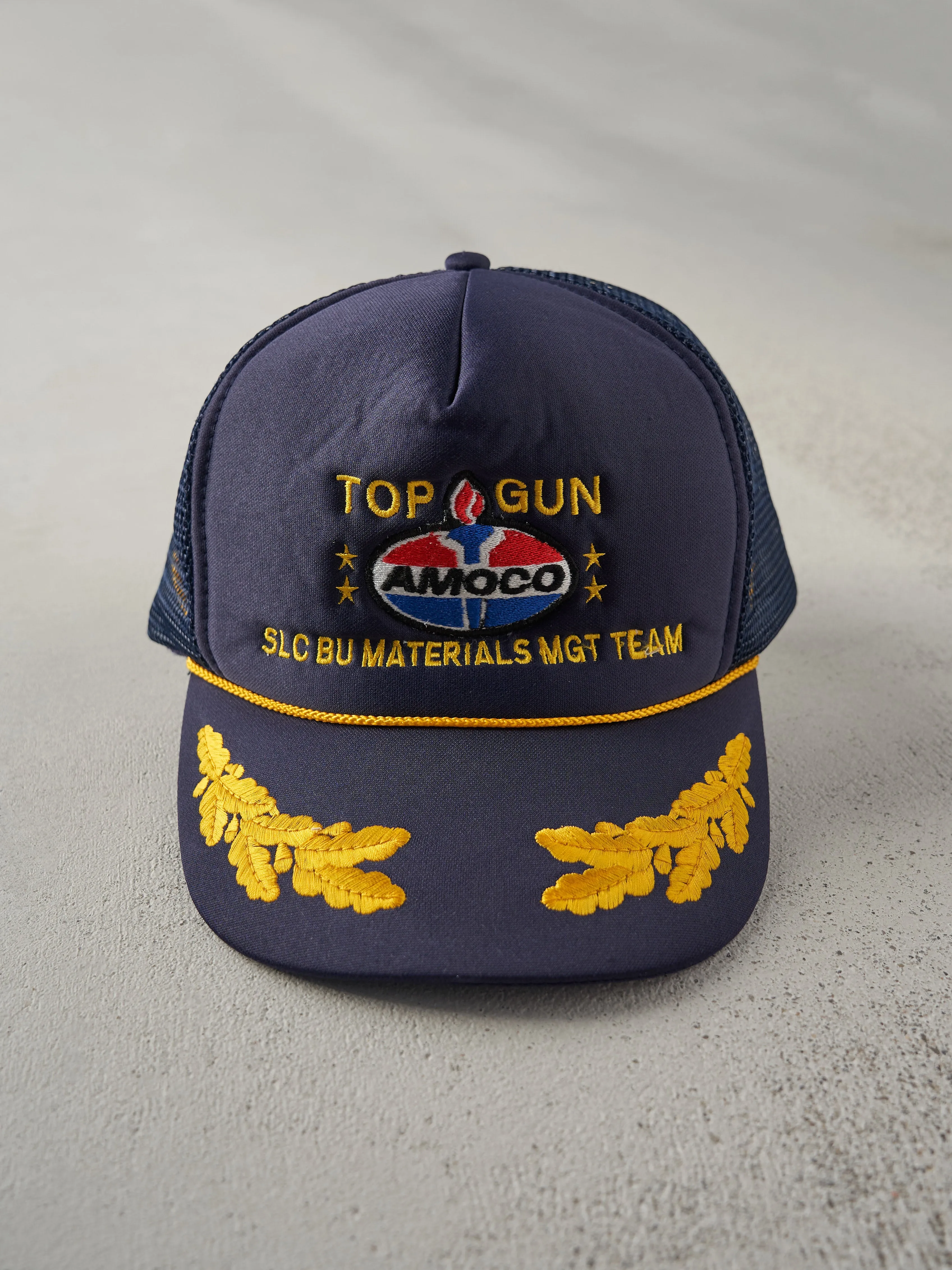Vintage 90s Navy Blue Top Gun Amoco Oil Embroidered Foam Trucker Hat sold by Rebalance Vintage