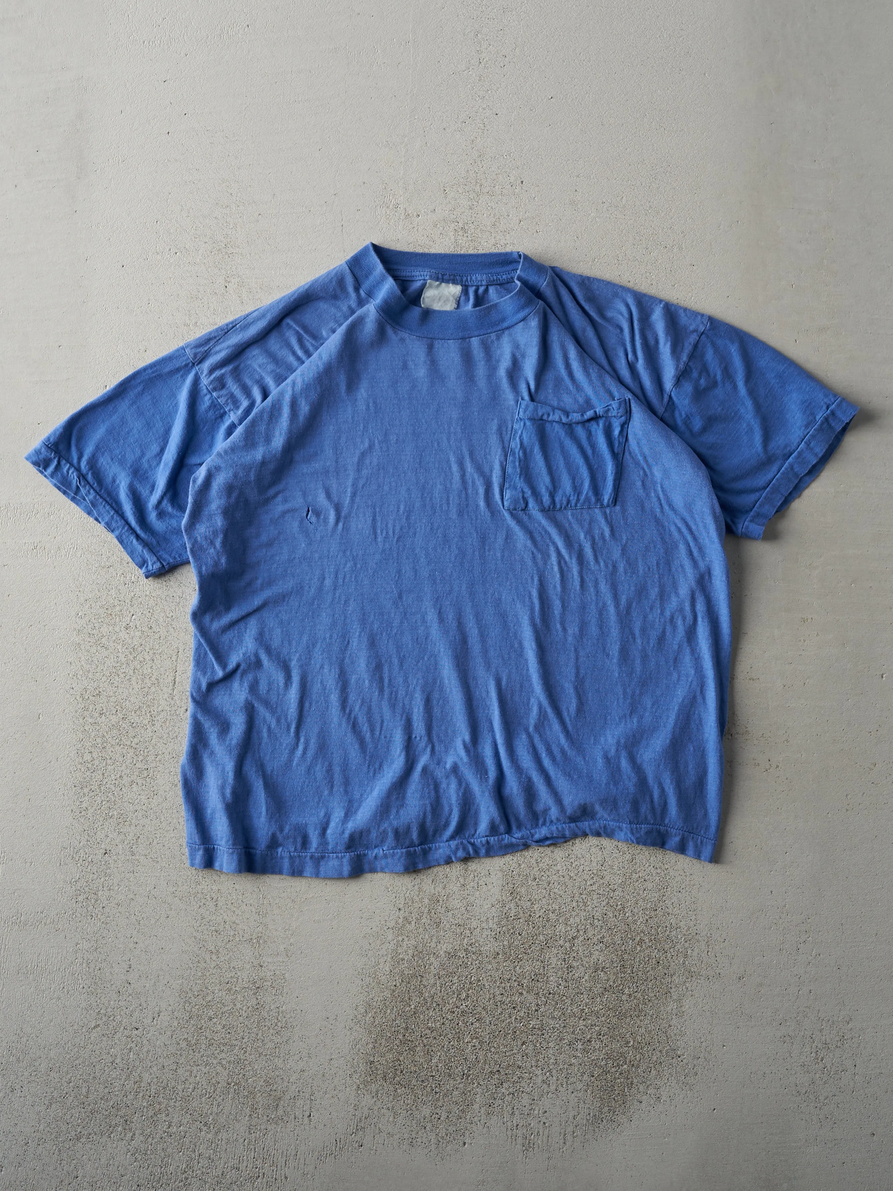 Vintage 90s Blue Blank Single Stitch Pocket Tee (M) sold by Rebalance Vintage