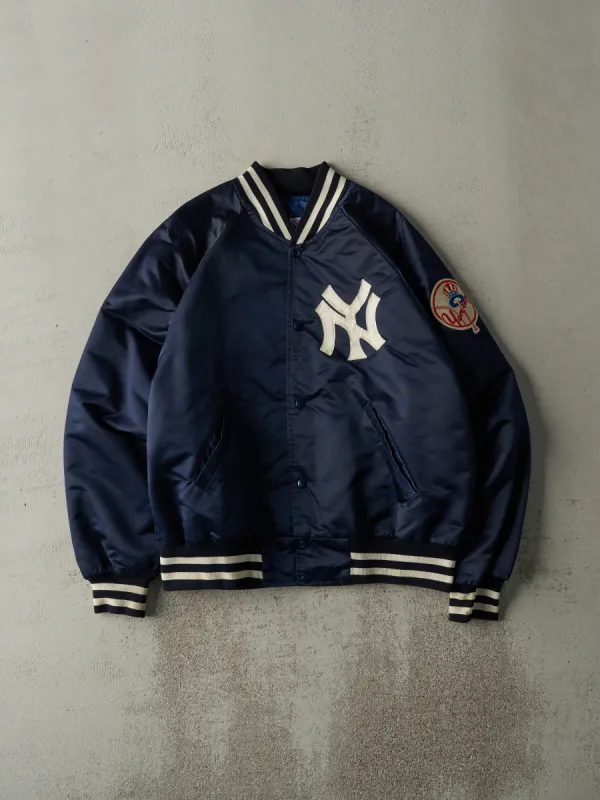 Vintage 90s Navy Blue New York Yankees Satin Bomber (L) sold by Rebalance Vintage