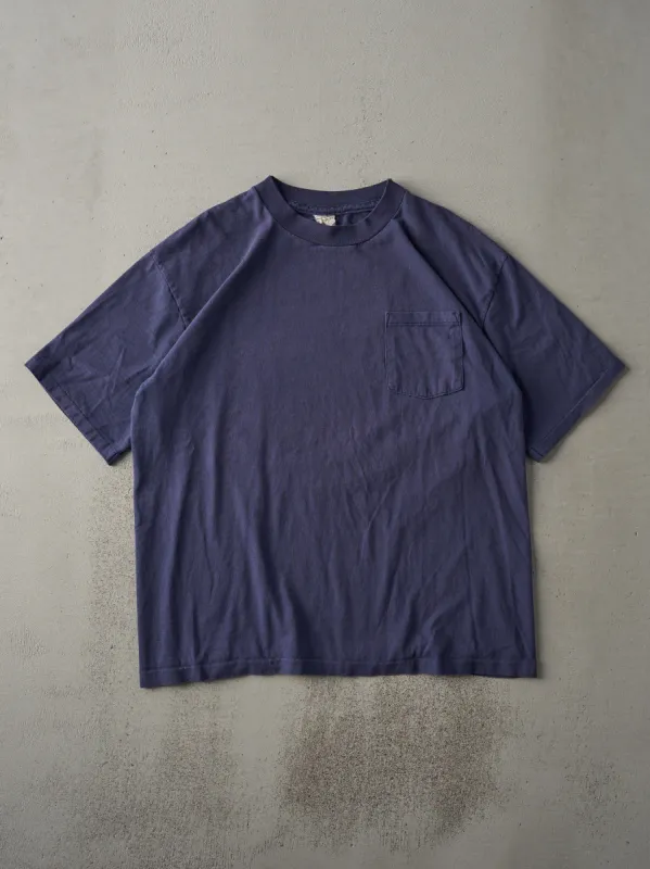 Vintage 90s Navy Blue Blank Single Stitch Pocket Tee (L) sold by Rebalance Vintage