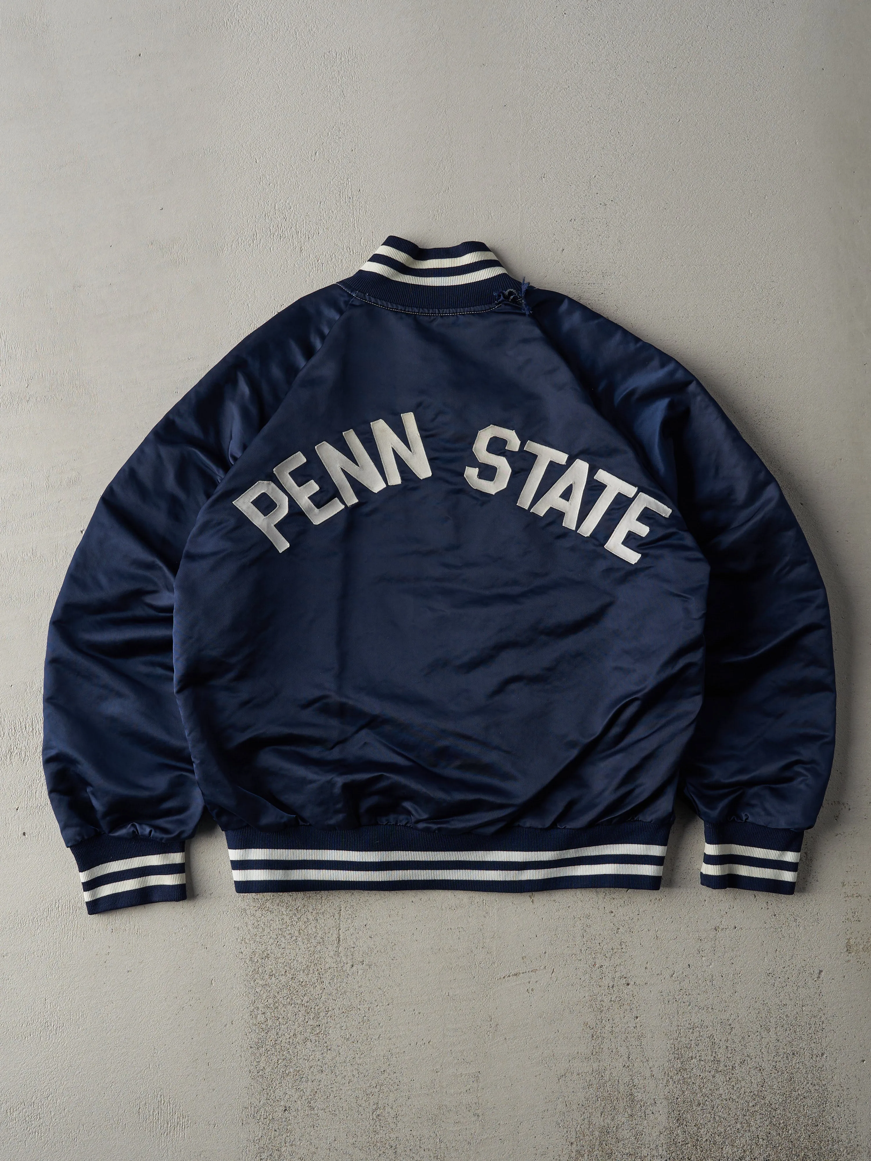 Vintage 80s Navy Blue Penn State Boxy Satin Bomber Jacket (M) sold by Rebalance Vintage