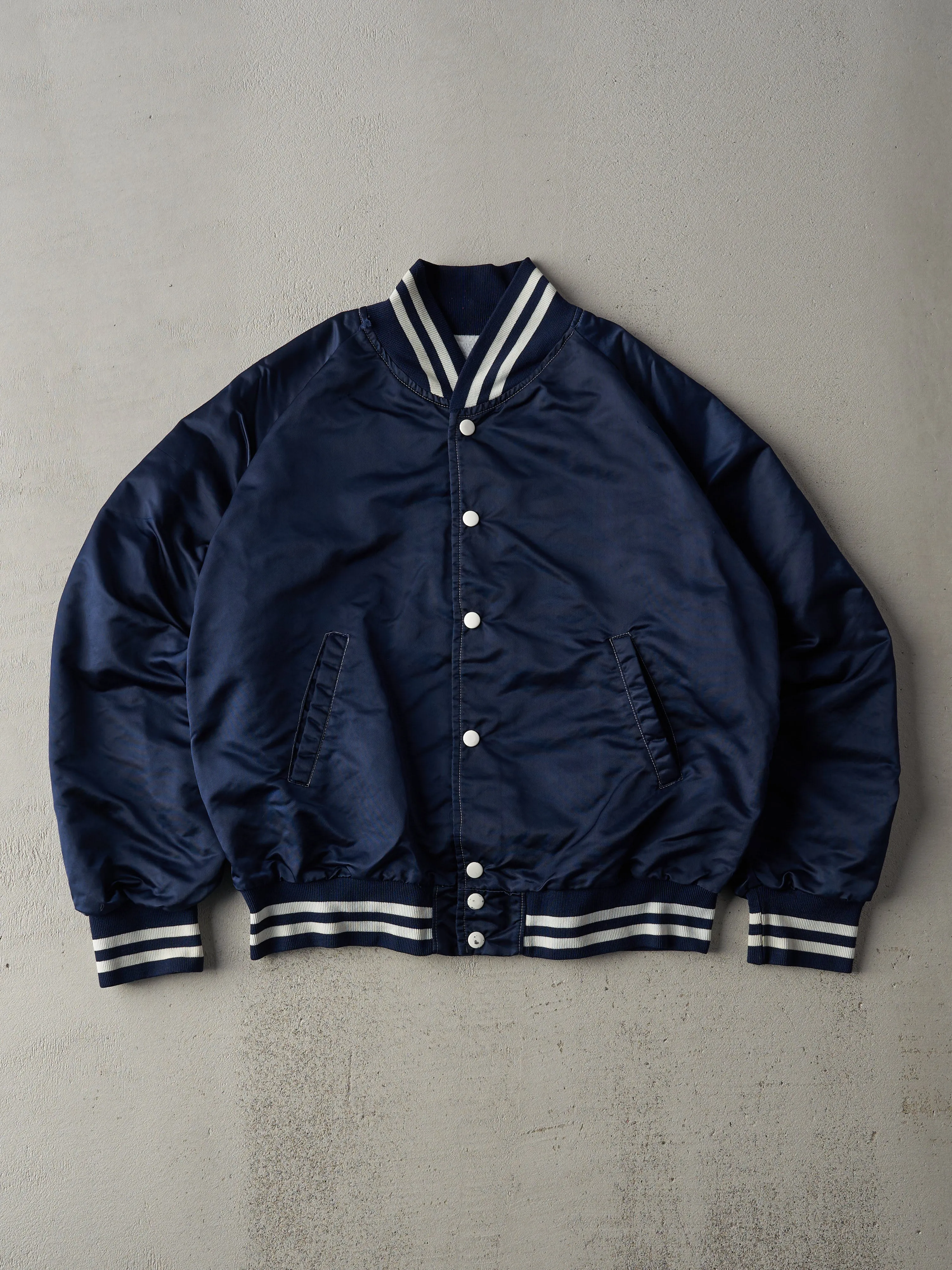 Vintage 80s Navy Blue Penn State Boxy Satin Bomber Jacket (M) sold by Rebalance Vintage product image thumbnail 2