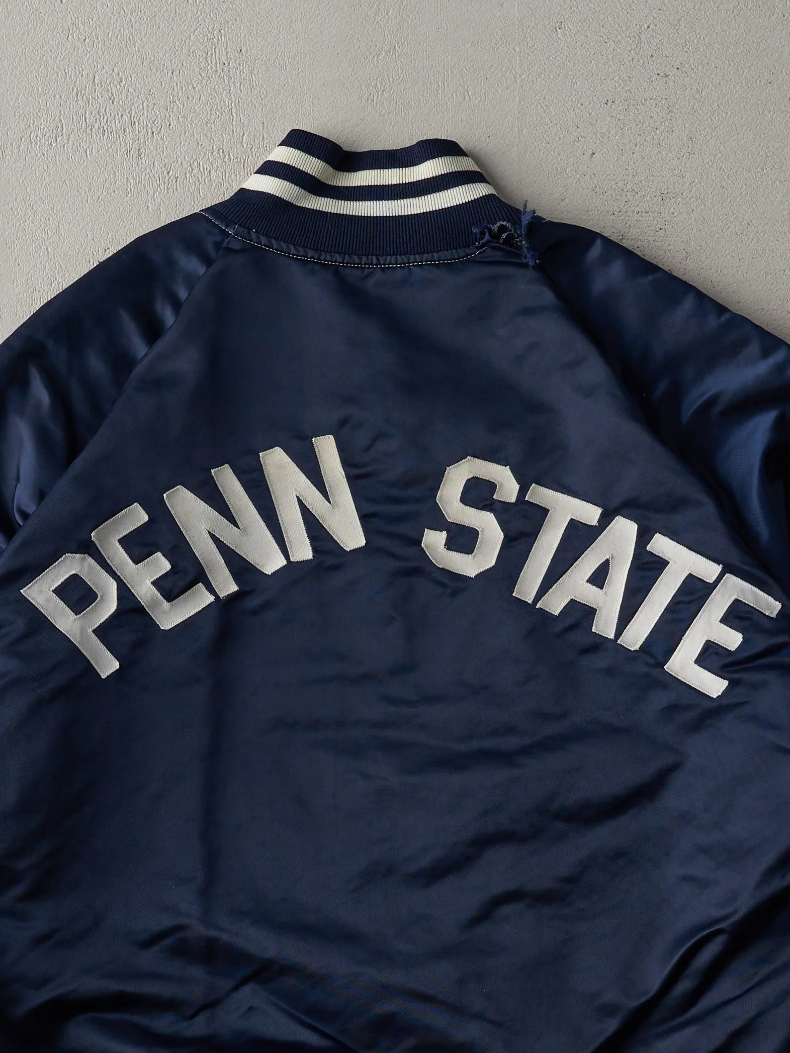Vintage 80s Navy Blue Penn State Boxy Satin Bomber Jacket (M) sold by Rebalance Vintage product image thumbnail 4