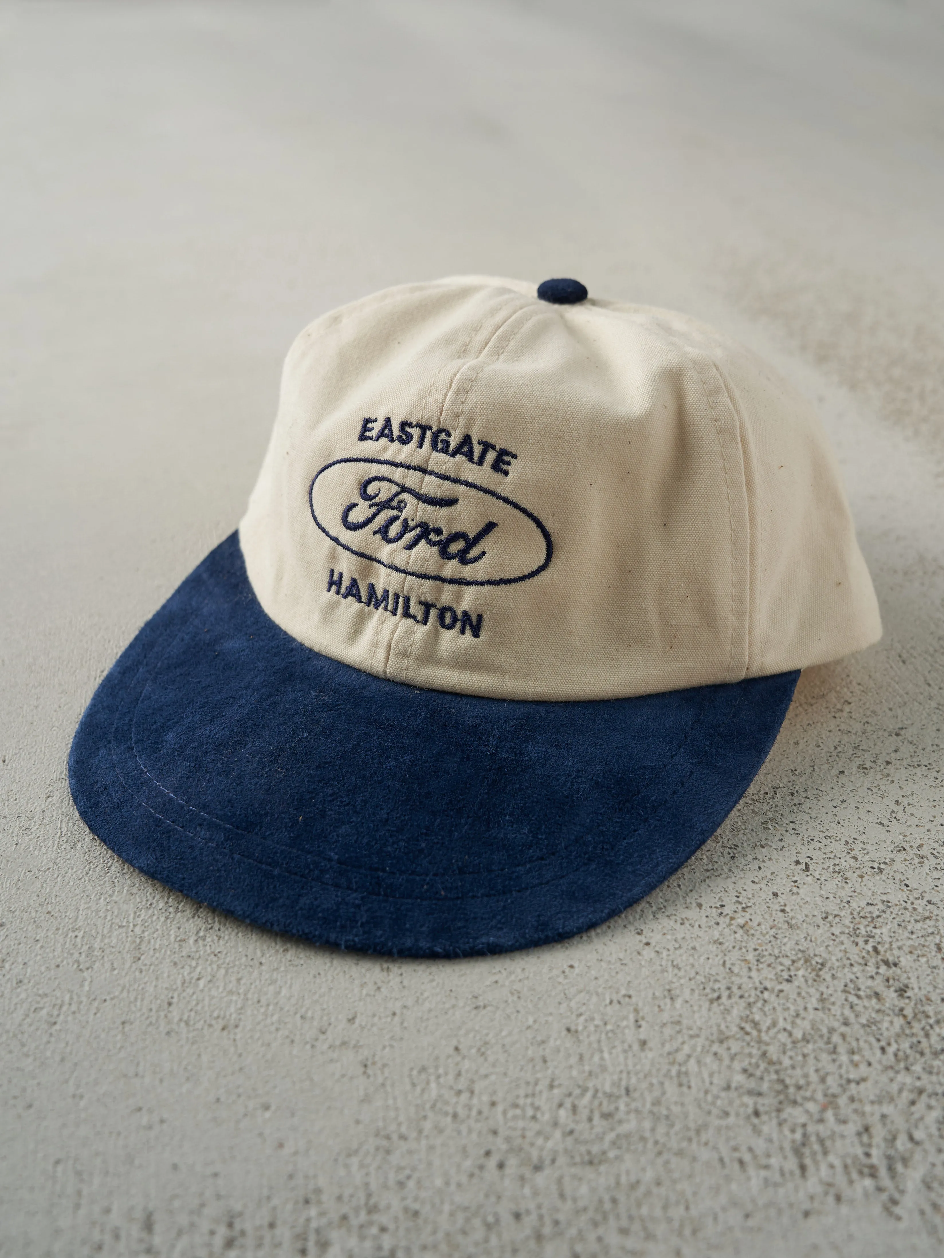 Vintage 80s Beige & Navy Eastgate Hamilton Ford Suede Leather Strap Back Hat sold by Rebalance Vintage product image thumbnail 2
