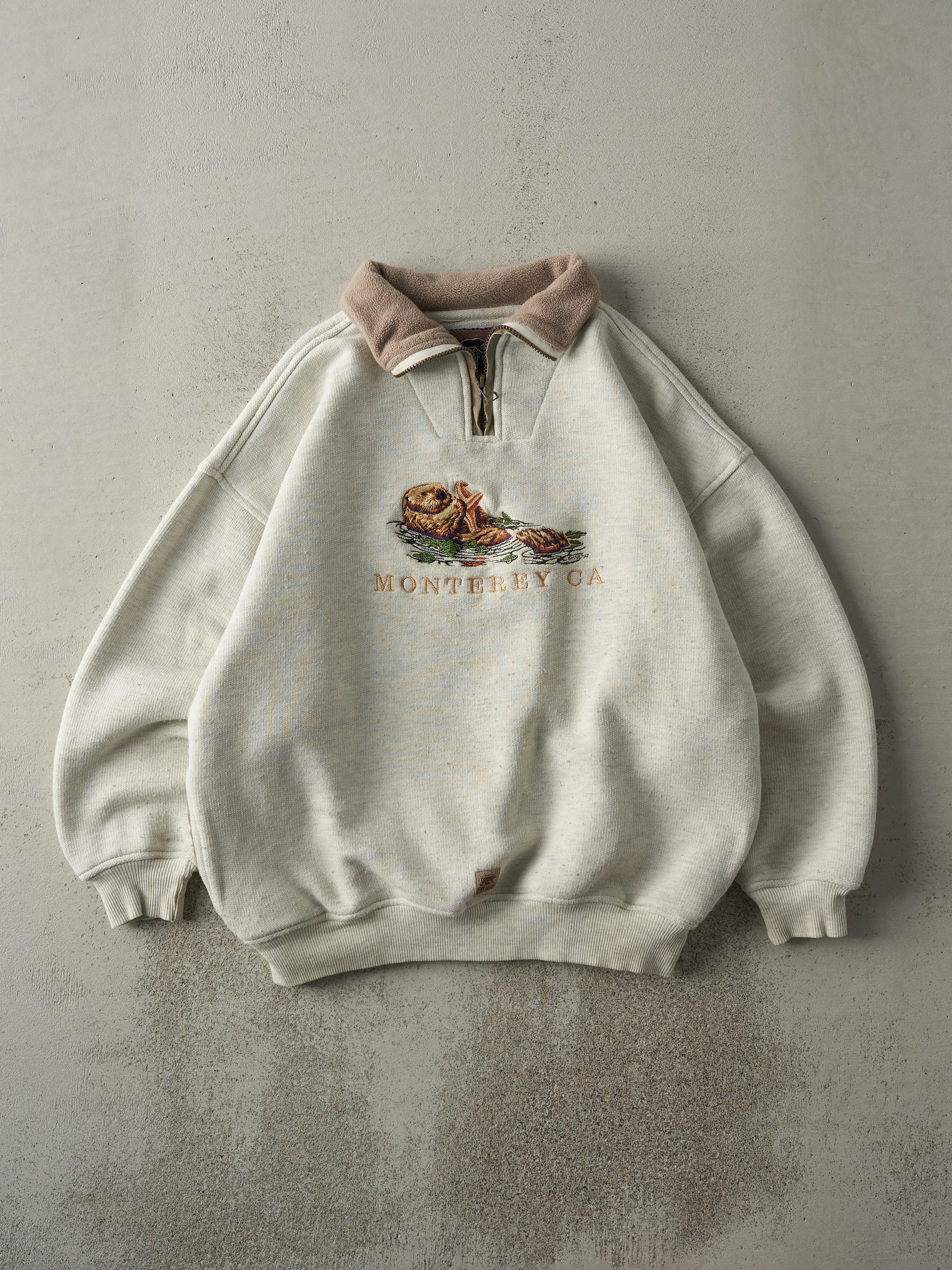 Vintage 90s Beige Embroidered Monterey CA Boxy Quarter Zip (L) sold by Rebalance Vintage