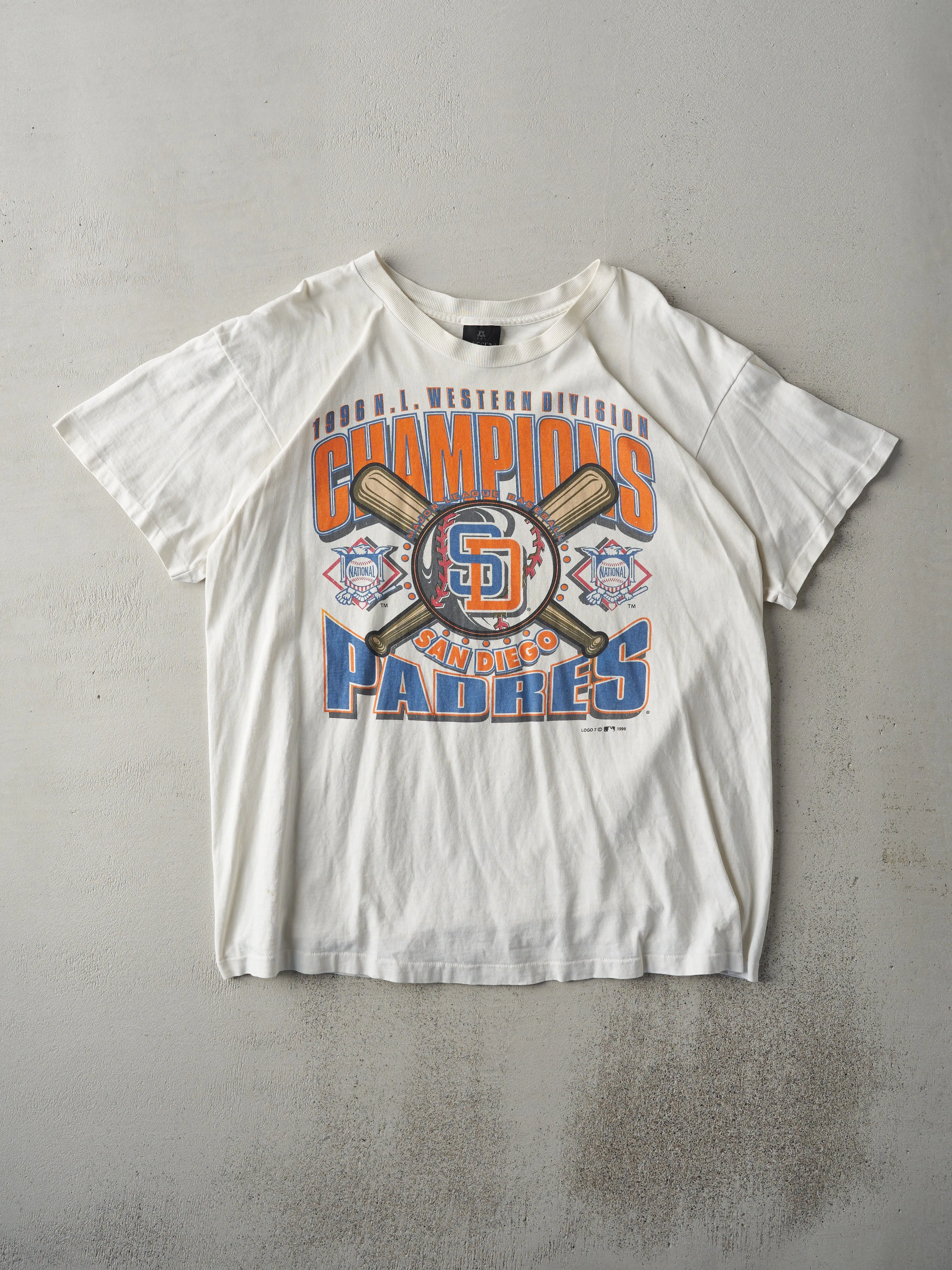 Vintage 96' White San Diego Padres Western Division Champions Tee (L) sold by Rebalance Vintage
