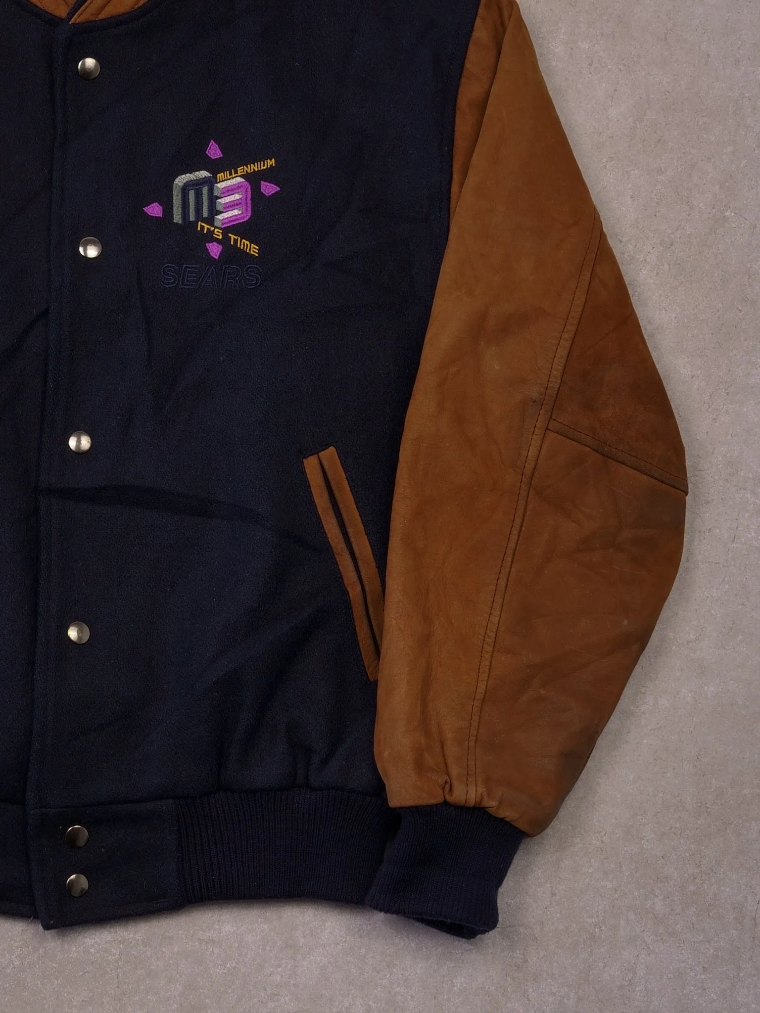 Vintage 90s Navy and Brown Sears Millenium M3 Varisty Jacket (S/M) sold by Rebalance Vintage product image thumbnail 3