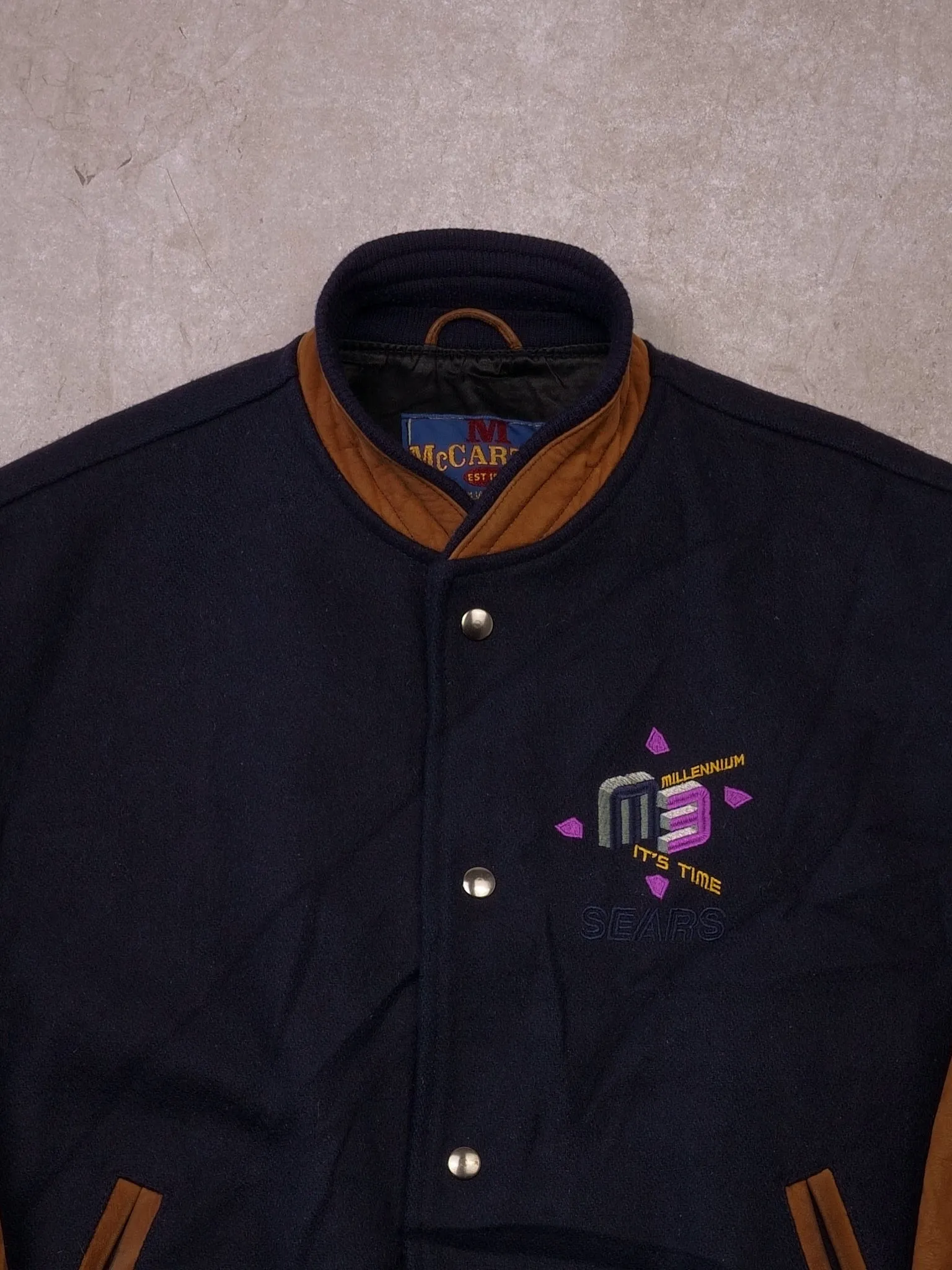Vintage 90s Navy and Brown Sears Millenium M3 Varisty Jacket (S/M) sold by Rebalance Vintage product image thumbnail 2