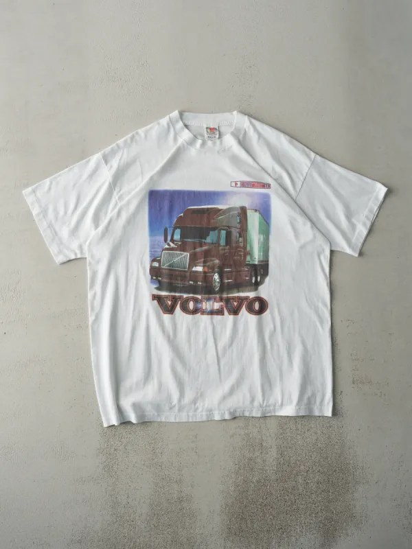 Vintage 90s White Volvo Trucks Festival Tee (L) sold by Rebalance Vintage