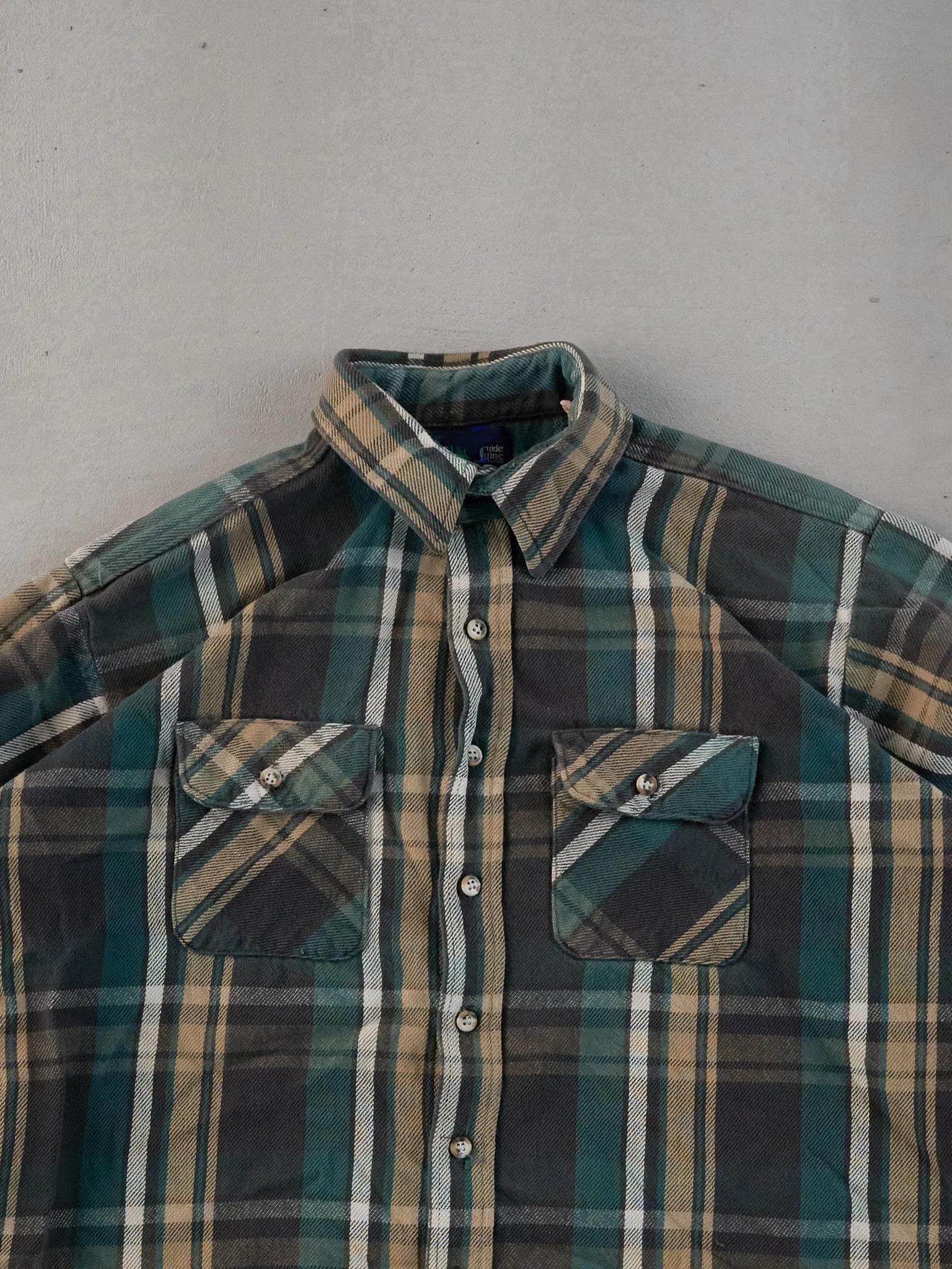 Vintage 90s Green and Beige Flannel Collared Button Up (L) sold by Rebalance Vintage product image thumbnail 2