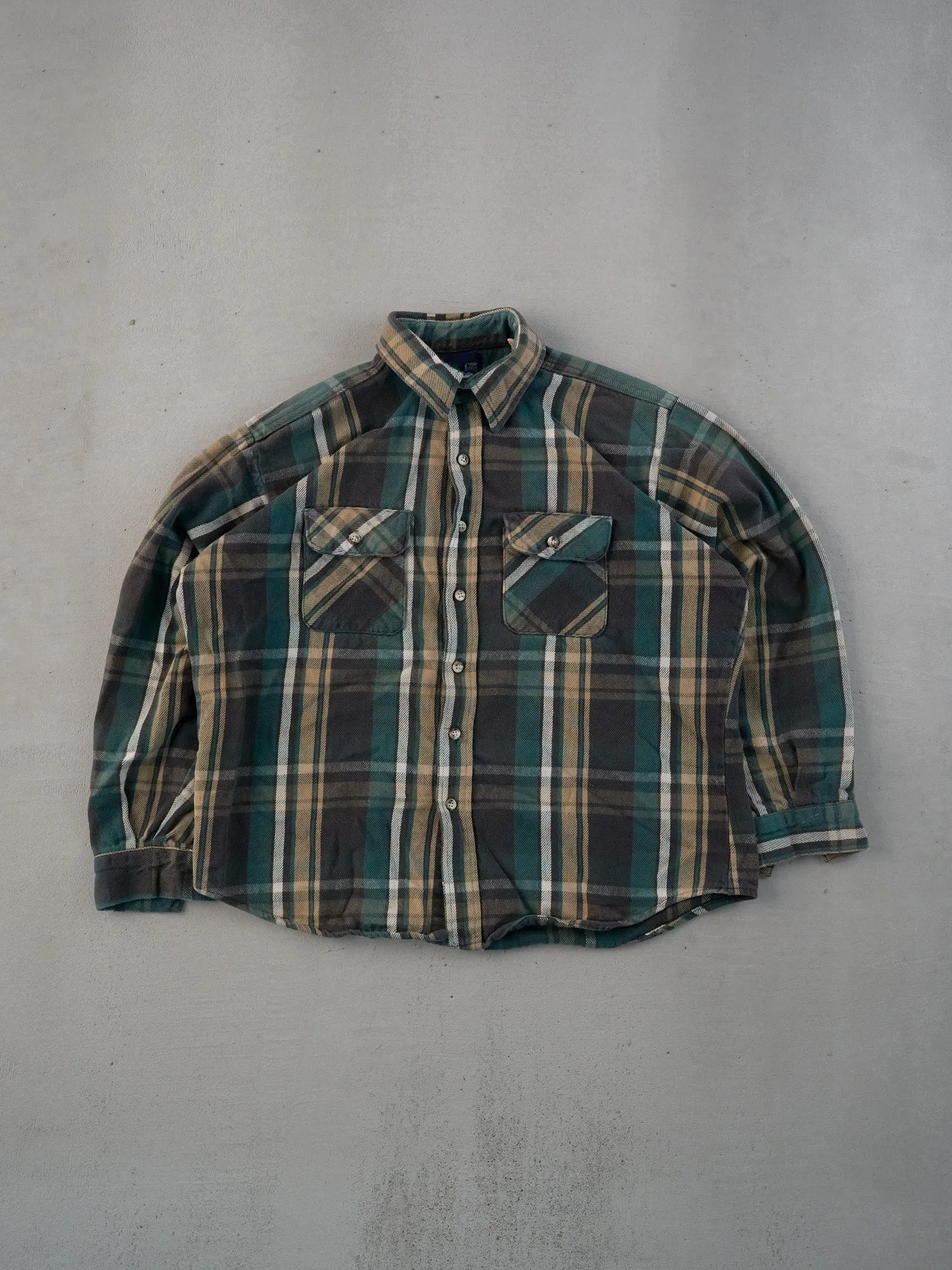 Vintage 90s Green and Beige Flannel Collared Button Up (L) sold by Rebalance Vintage