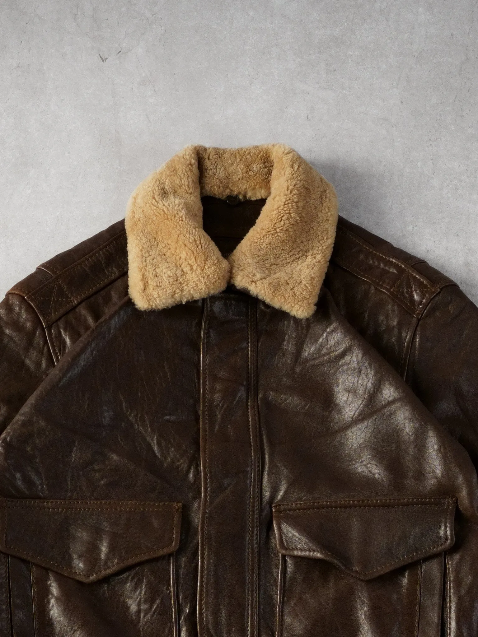 Vintage 90s Brown Andrew Marc Leather Sherpa Collared Bomber Jacket (L) sold by Rebalance Vintage product image thumbnail 2