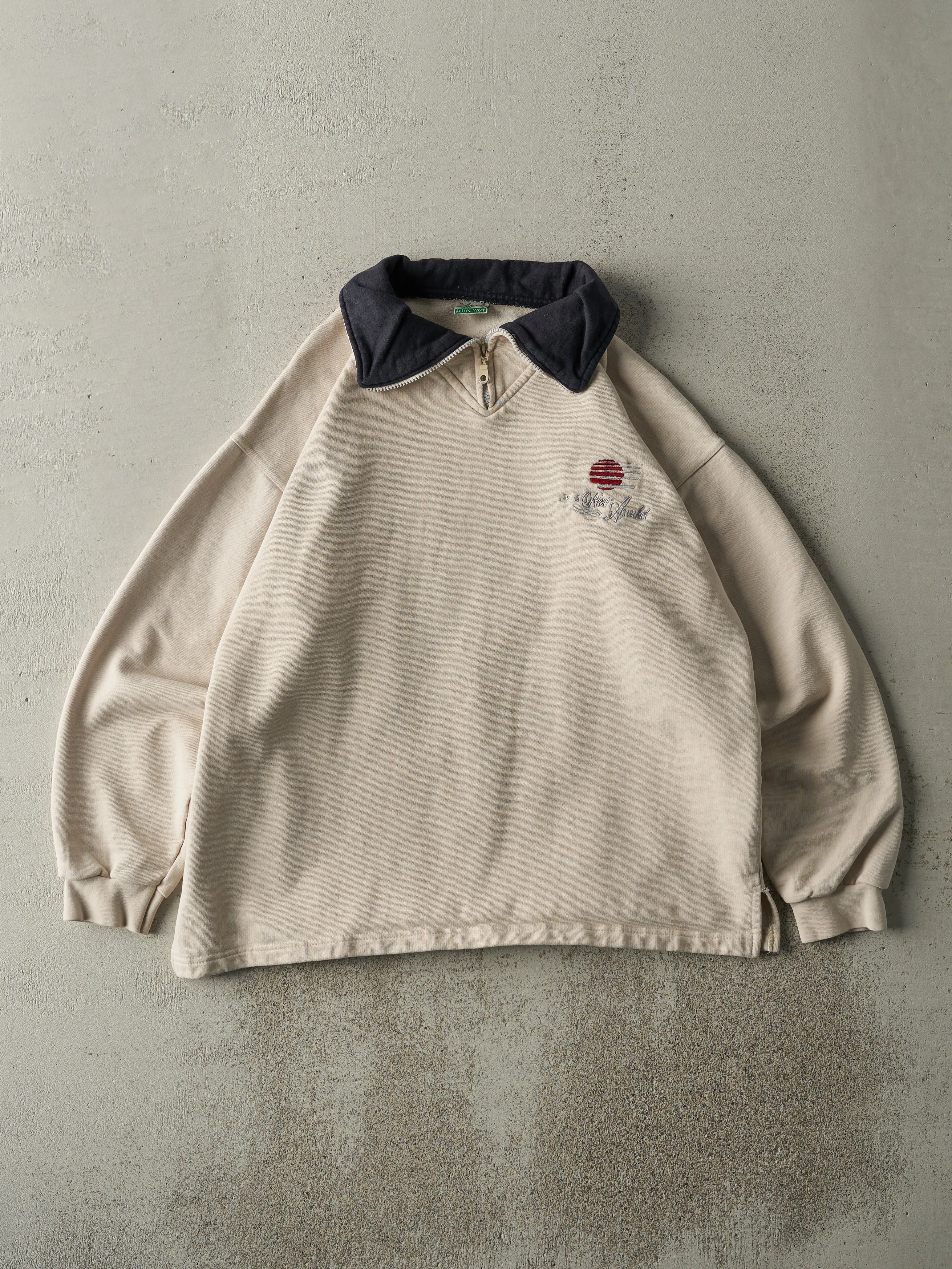 Vintage 90s Beige Embroidered River Anuket Quarter Zip Sweater (M) sold by Rebalance Vintage
