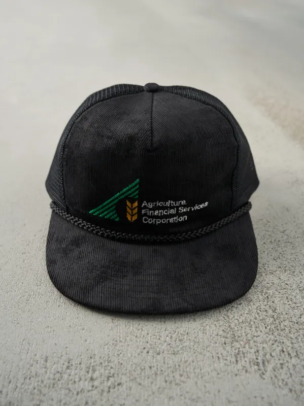 Vintage 80s Black Embroidered Agriculture Corduroy Trucker Hat sold by Rebalance Vintage
