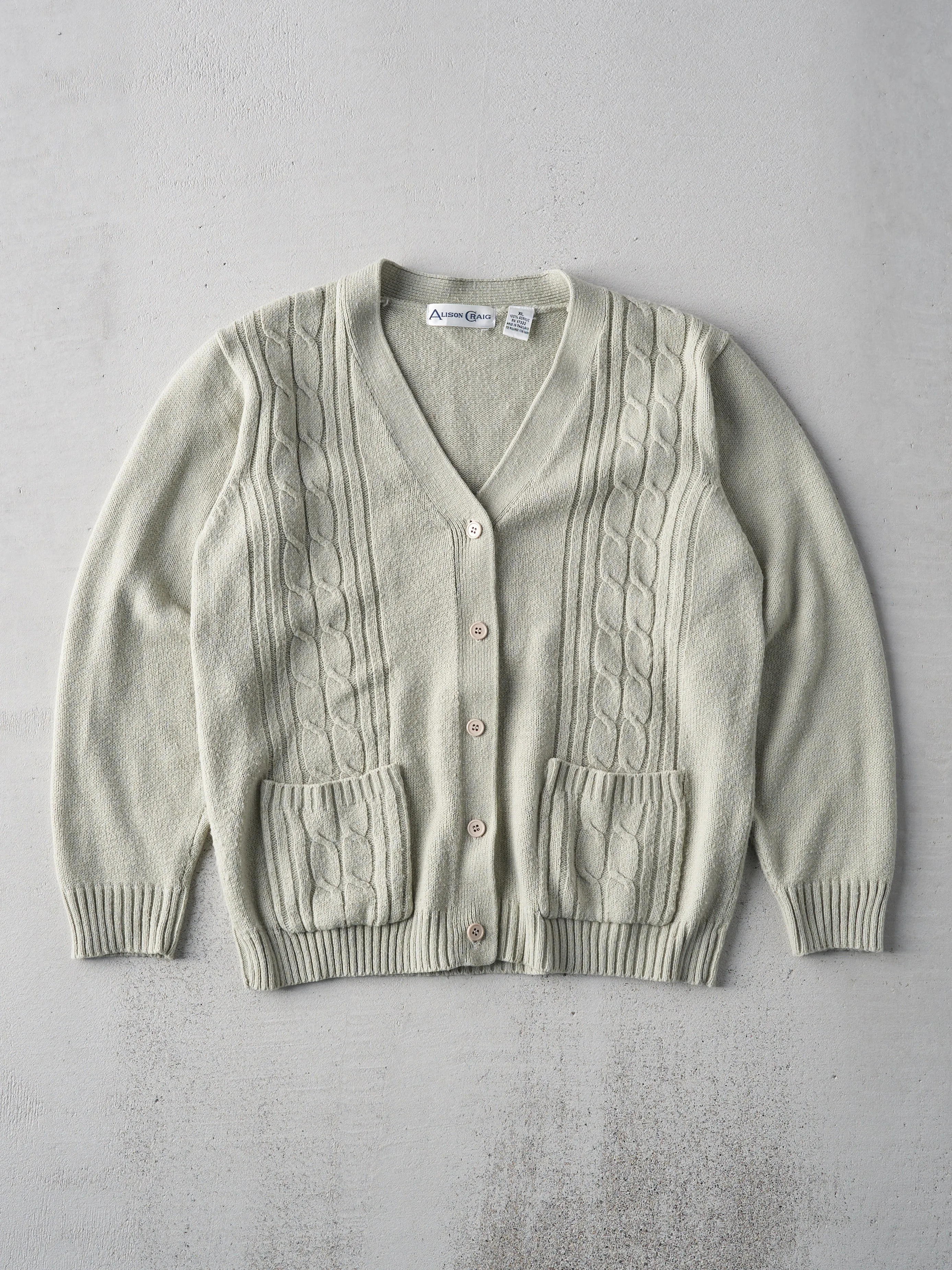 Vintage 80s Beige Alison Craig Cable Knit Cardigan (M) sold by Rebalance Vintage