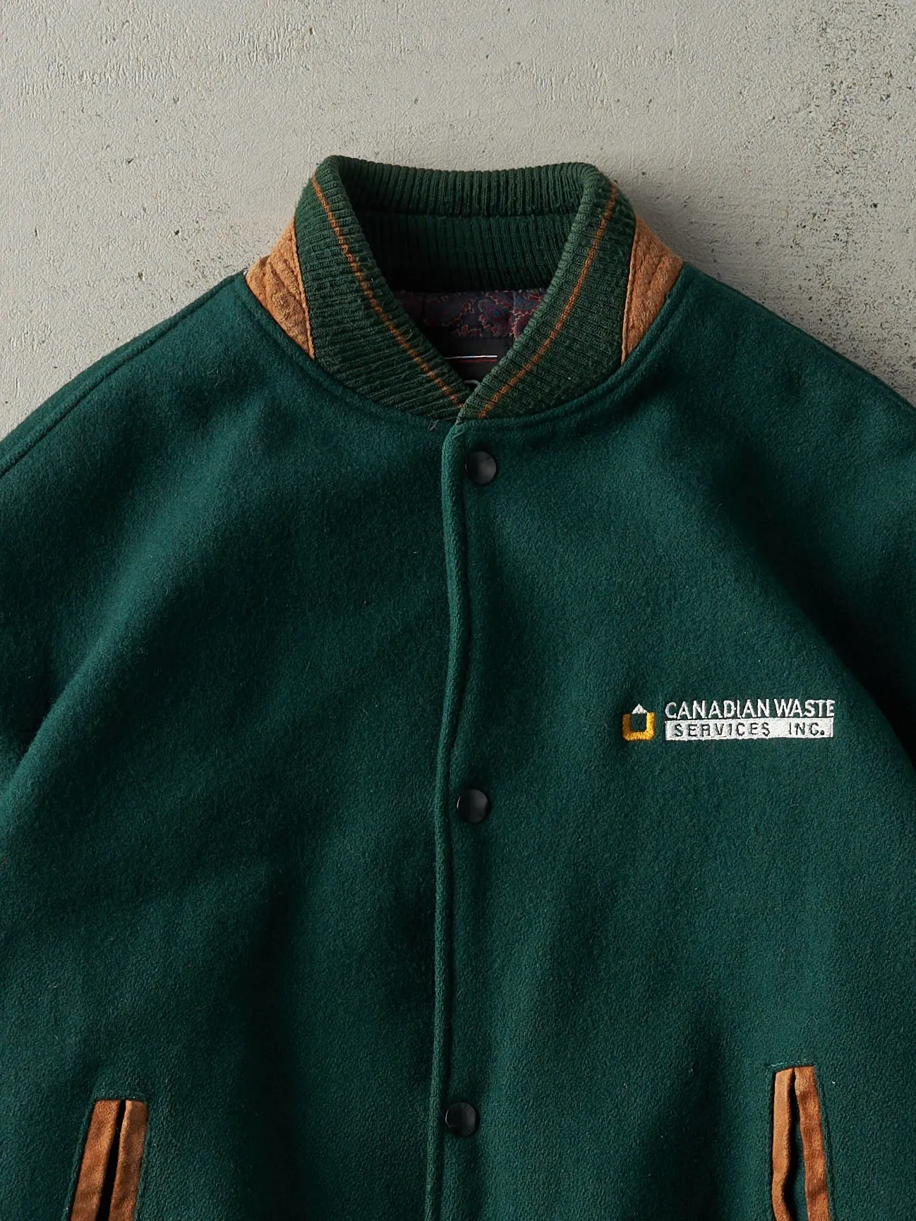 Vintage 90s Green & Brown Canadian Waste Services Wool Varsity Jacket (M) sold by Rebalance Vintage product image thumbnail 2