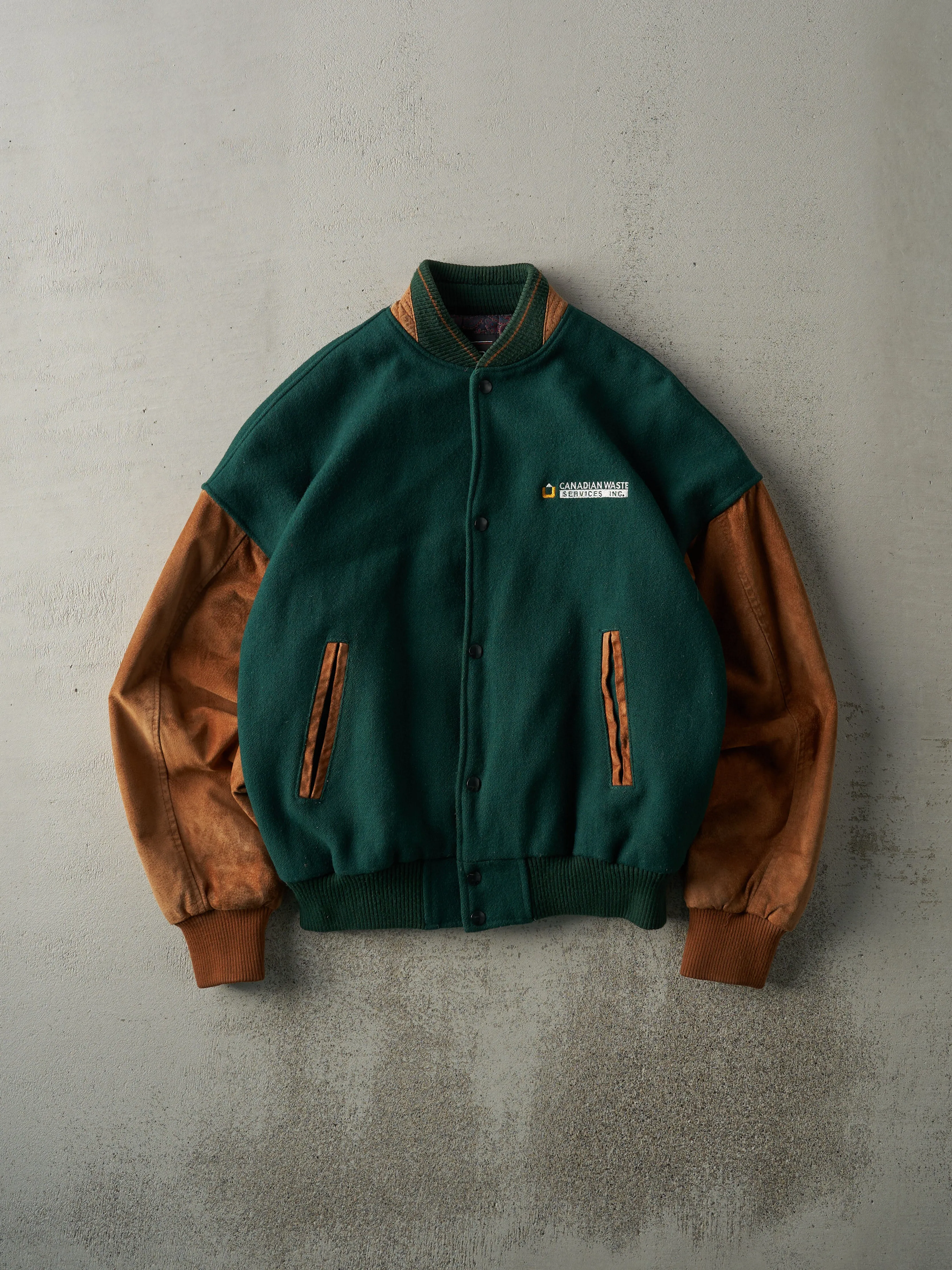 Vintage 90s Green & Brown Canadian Waste Services Wool Varsity Jacket (M) sold by Rebalance Vintage