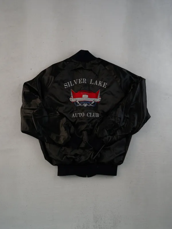 Vintage 90s Black Satin Bill Silver Laker Auto Club Bomber Jacket (L) sold by Rebalance Vintage
